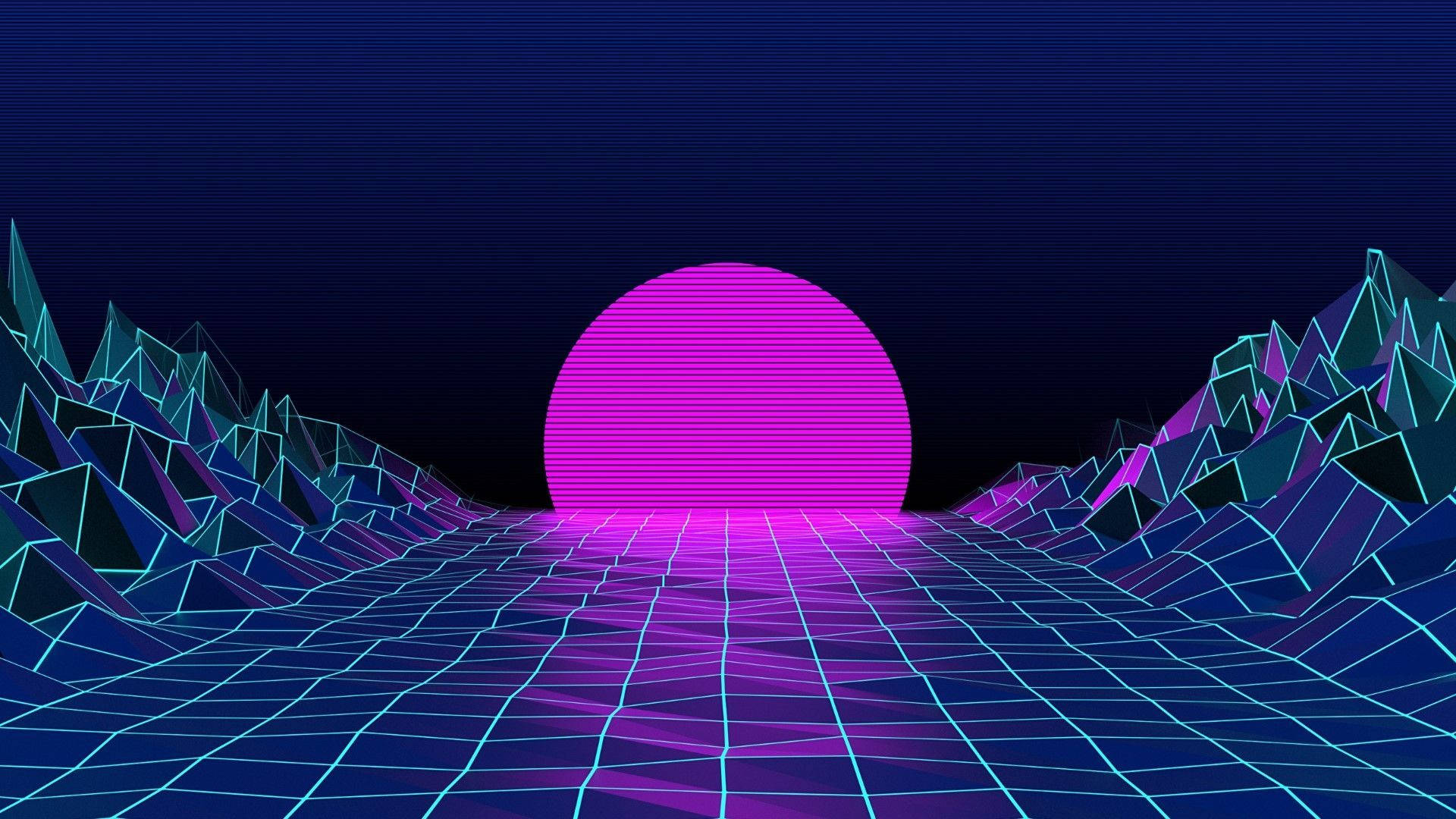 Vaporwave 桌布 壁紙 — 霓虹粉紅太陽在發光的幾何山脈和網格道路上升起，呈現復古未來主義的數位景觀。