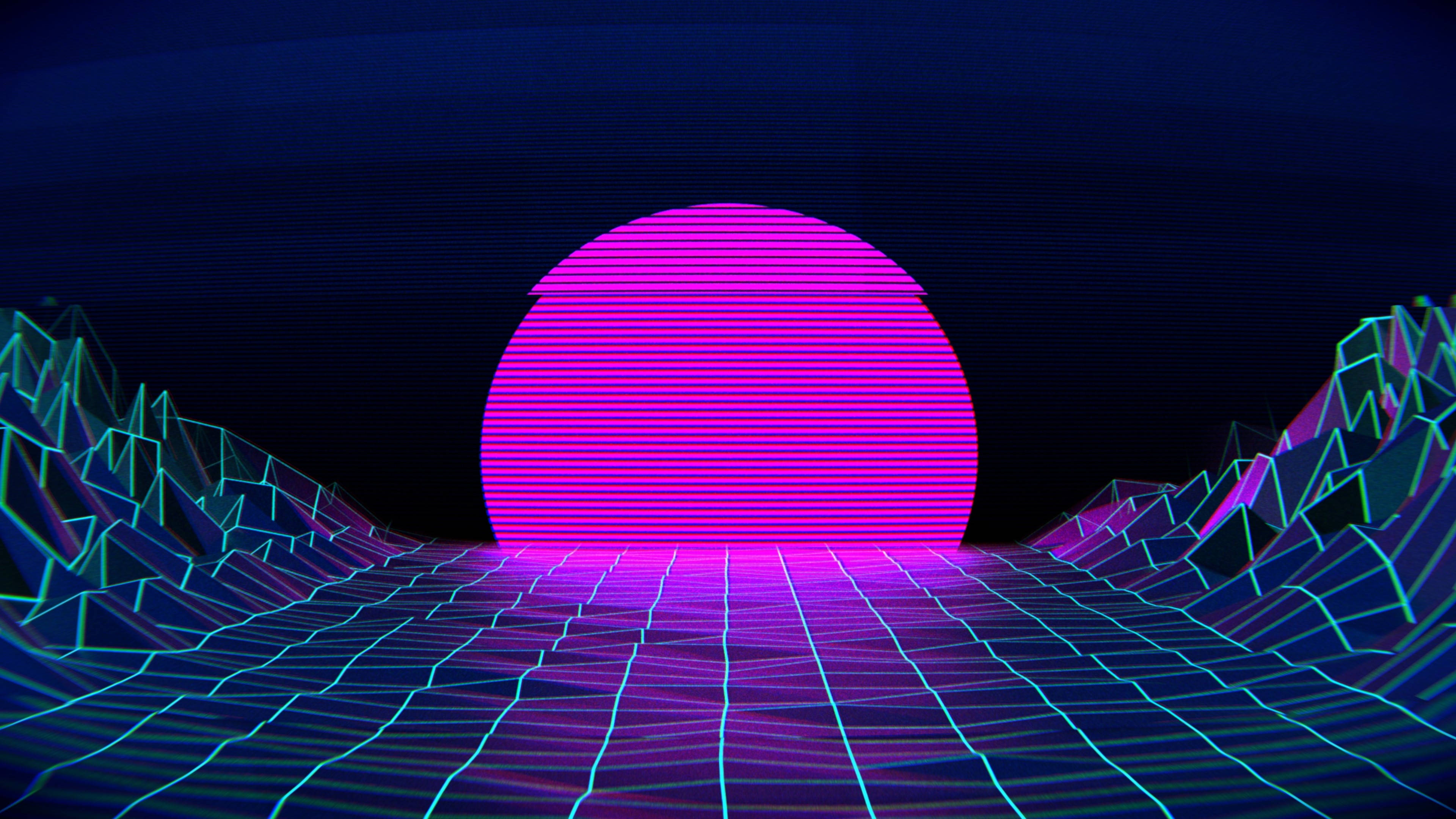 Vaporwave 桌布 壁紙 — 霓虹粉紅太陽在發光的幾何山脈和網格地形上升起，形成復古未來主義的數位景觀。