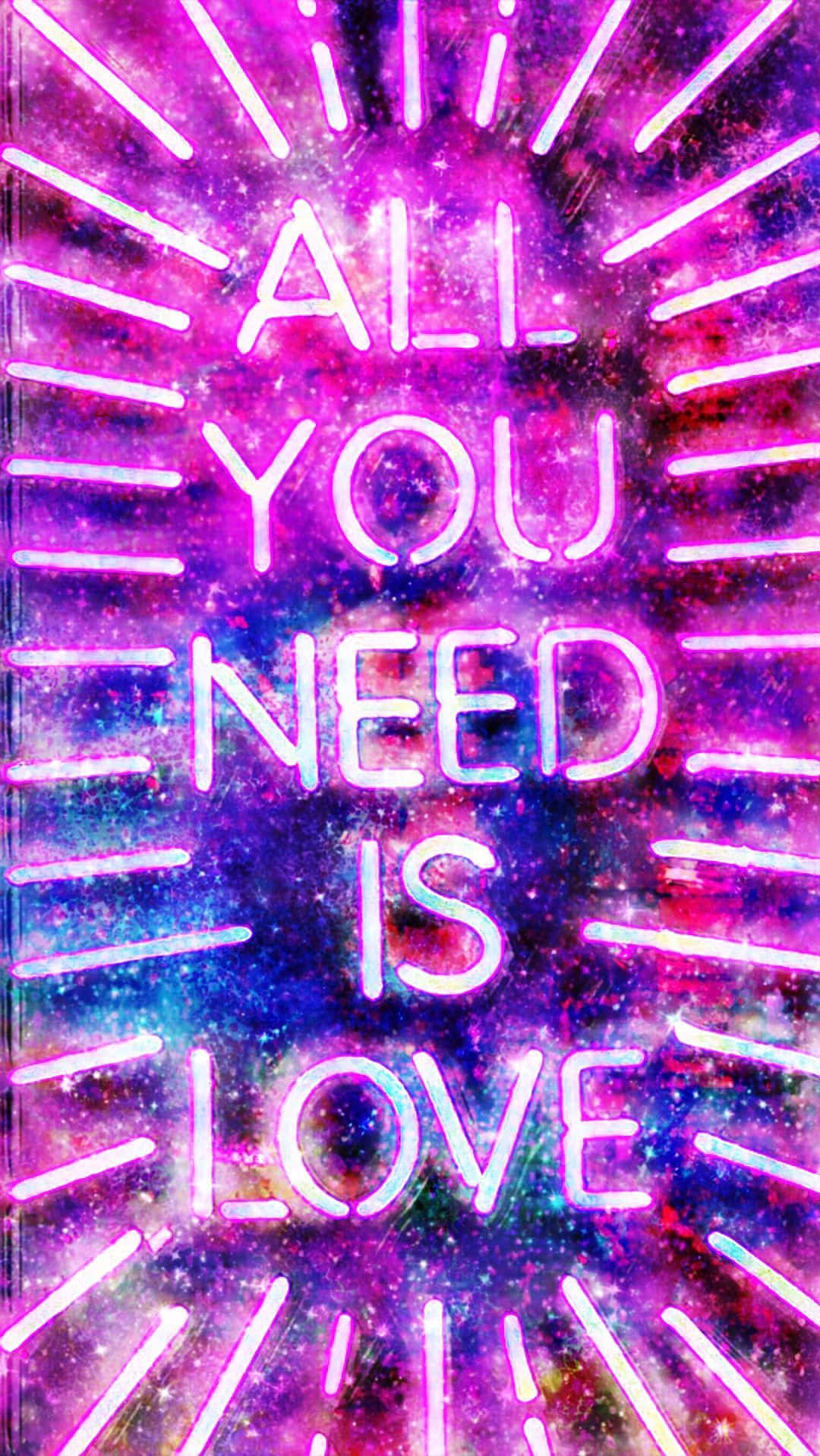 霓虹美學 桌布 壁紙 — 霓虹粉紅色發光文字顯示「ALL YOU NEED IS LOVE」，背景是宇宙星系，帶有放射狀白色線條。