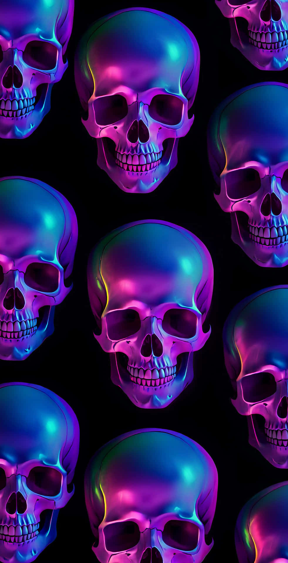 A striking digital illustration featuring multiple neon-colored skulls arranged in a perfect grid. E 壁紙 — 霓虹紫色和藍色骷髏頭，帶有光澤反射，以網格排列在黑色背景上。