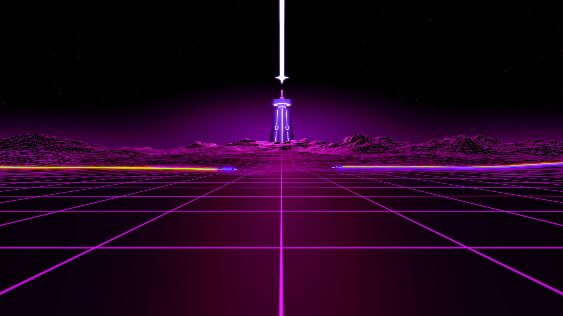 Outrun 桌布 壁紙 — 霓虹網格伸向發光的塔樓，在繁星點點的夜空下，遠處有紫色山脈。