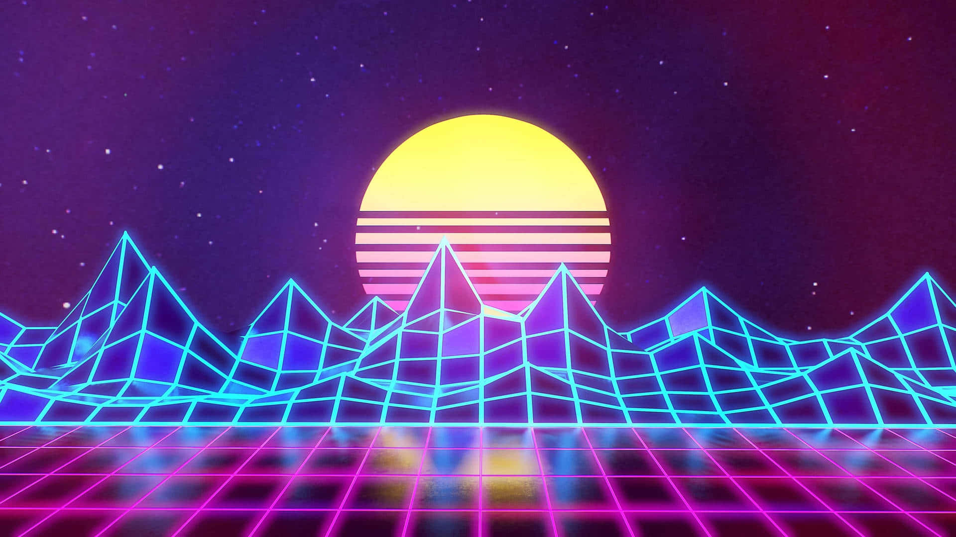 80s Retro 桌布 壁紙 — 霓虹網格地板反射出在繁星點點的紫色天空下，幾何藍色山脈背後閃耀的日落。