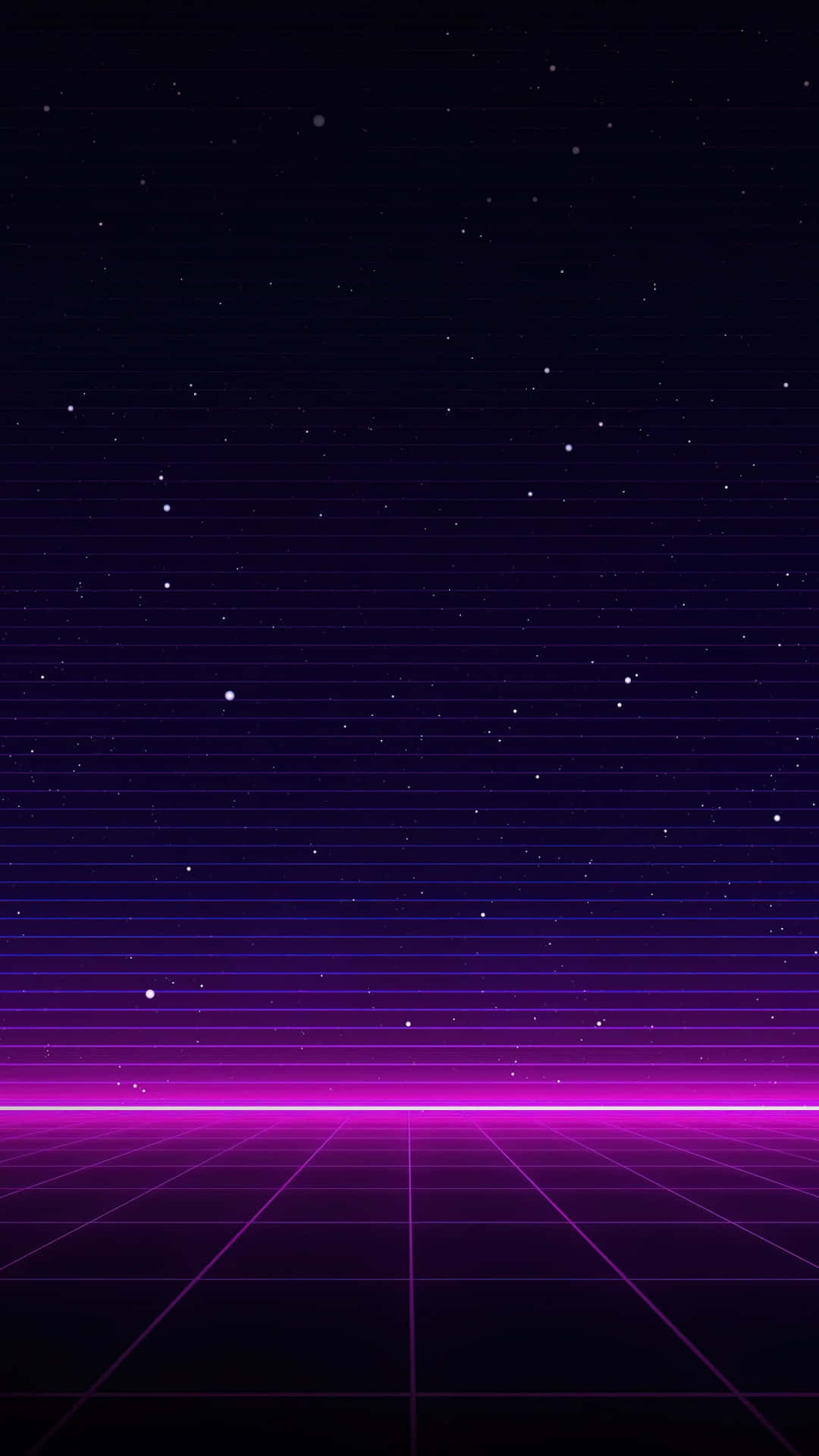 紫色 桌布 壁紙 — 霓虹網格地板在星空下發出紫色光芒，水平光線營造出復古未來主義的數位景觀。