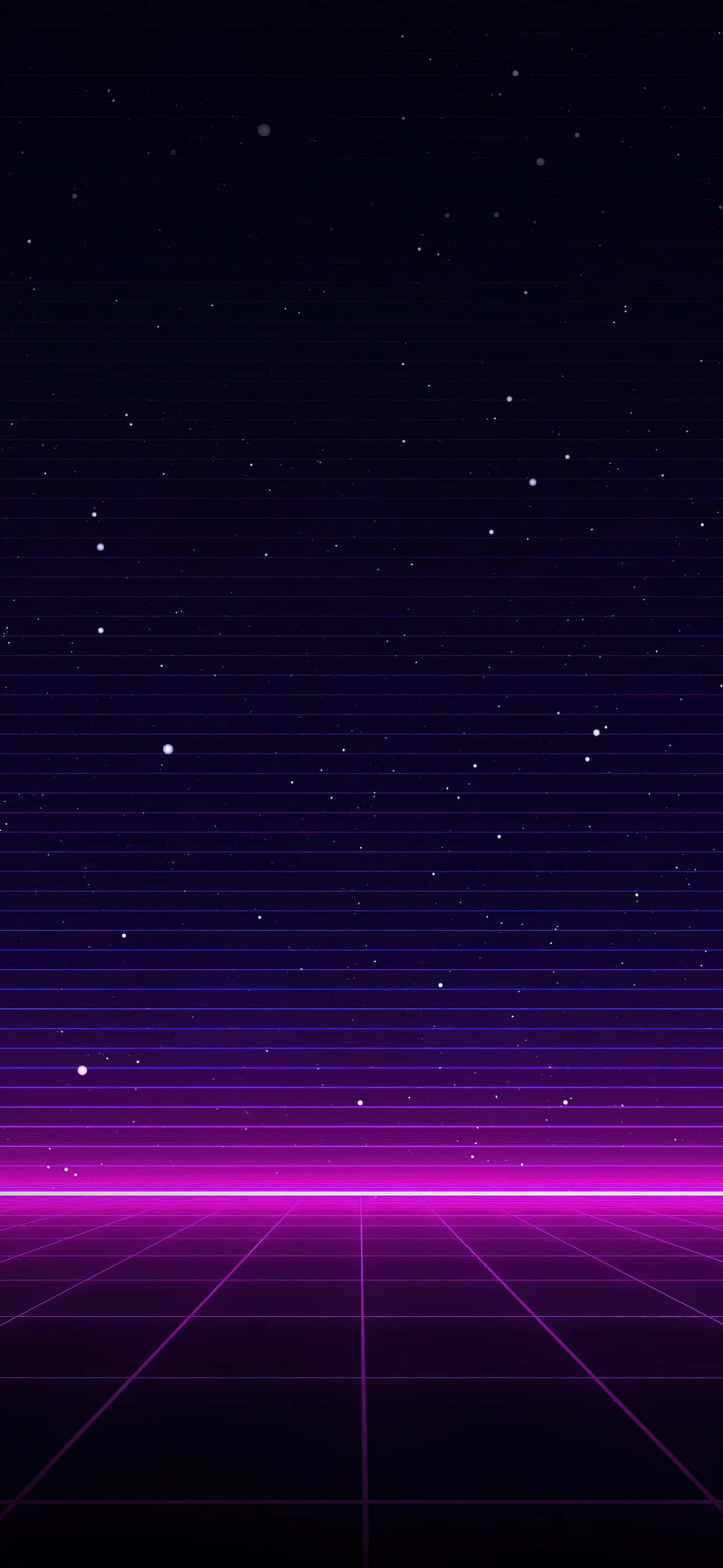 Purple Phone 桌布 壁紙 — 霓虹網格地板延伸向星空夜空，帶有發光的紫色線條和數位星星。