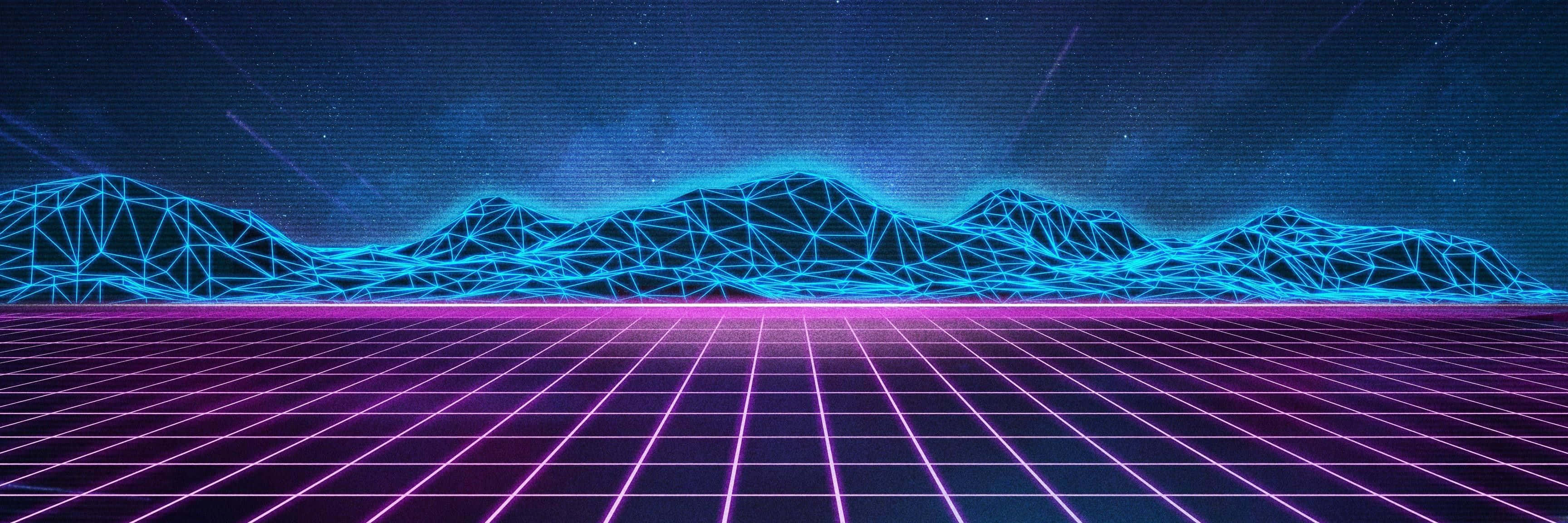 桌布 壁紙 — 霓虹網格地板延伸向發光藍色線框山脈，上方是星光數位天空。