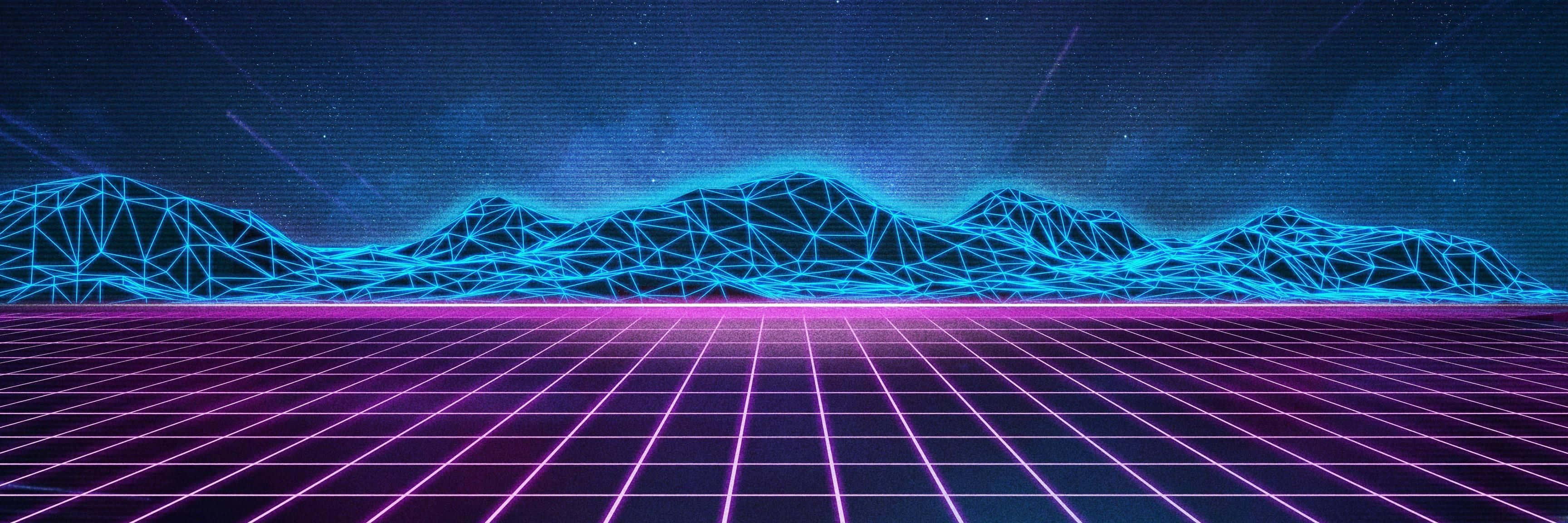 80s Vaporwave 桌布 壁紙 — 霓虹網格地板延伸至發光的藍色線框山脈，下方是星光燦爛的數位夜空。