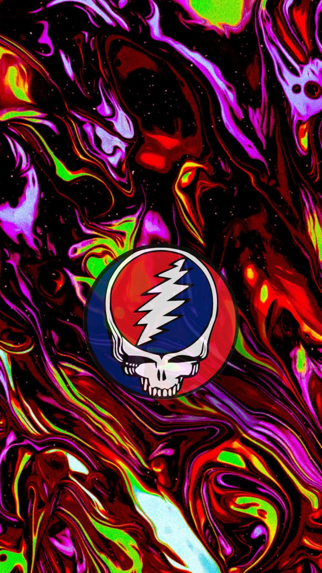 Luminous 桌布 壁紙 — 霓虹色彩的迷幻漩渦圍繞著中央的Grateful Dead骷髏頭和閃電標誌，背景是宇宙黑色。
