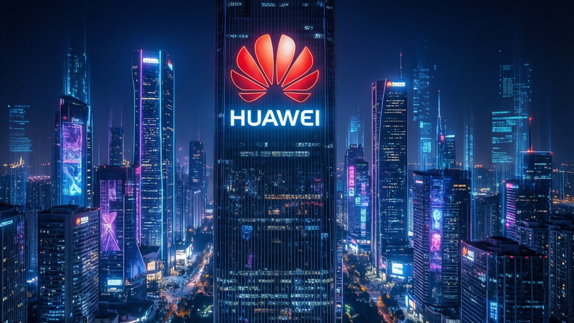 一幅賽博龐克城市景觀，帶有發光的華為標誌