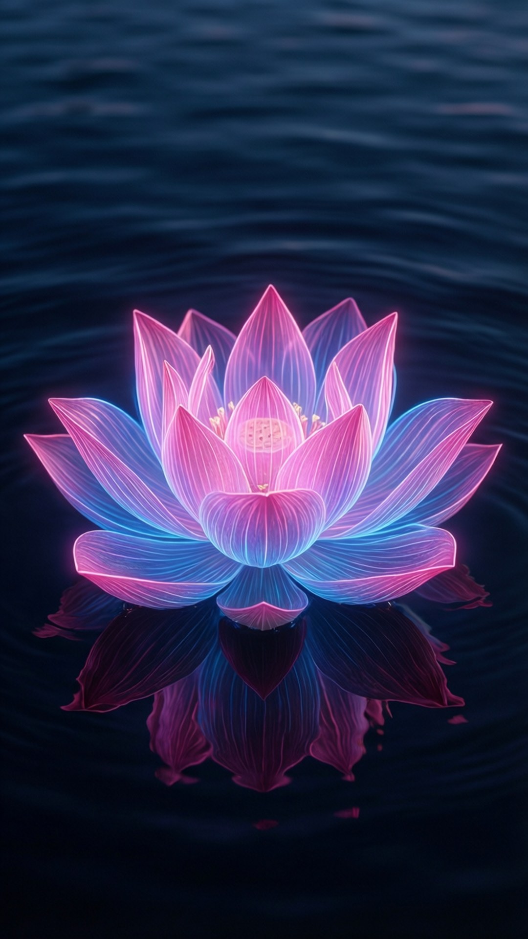 霓虹蓮花綻放 壁紙 — 一朵發光的霓虹粉紅和藍色蓮花在黑暗的漣漪水面上靜靜漂浮，帶有完美的倒影。