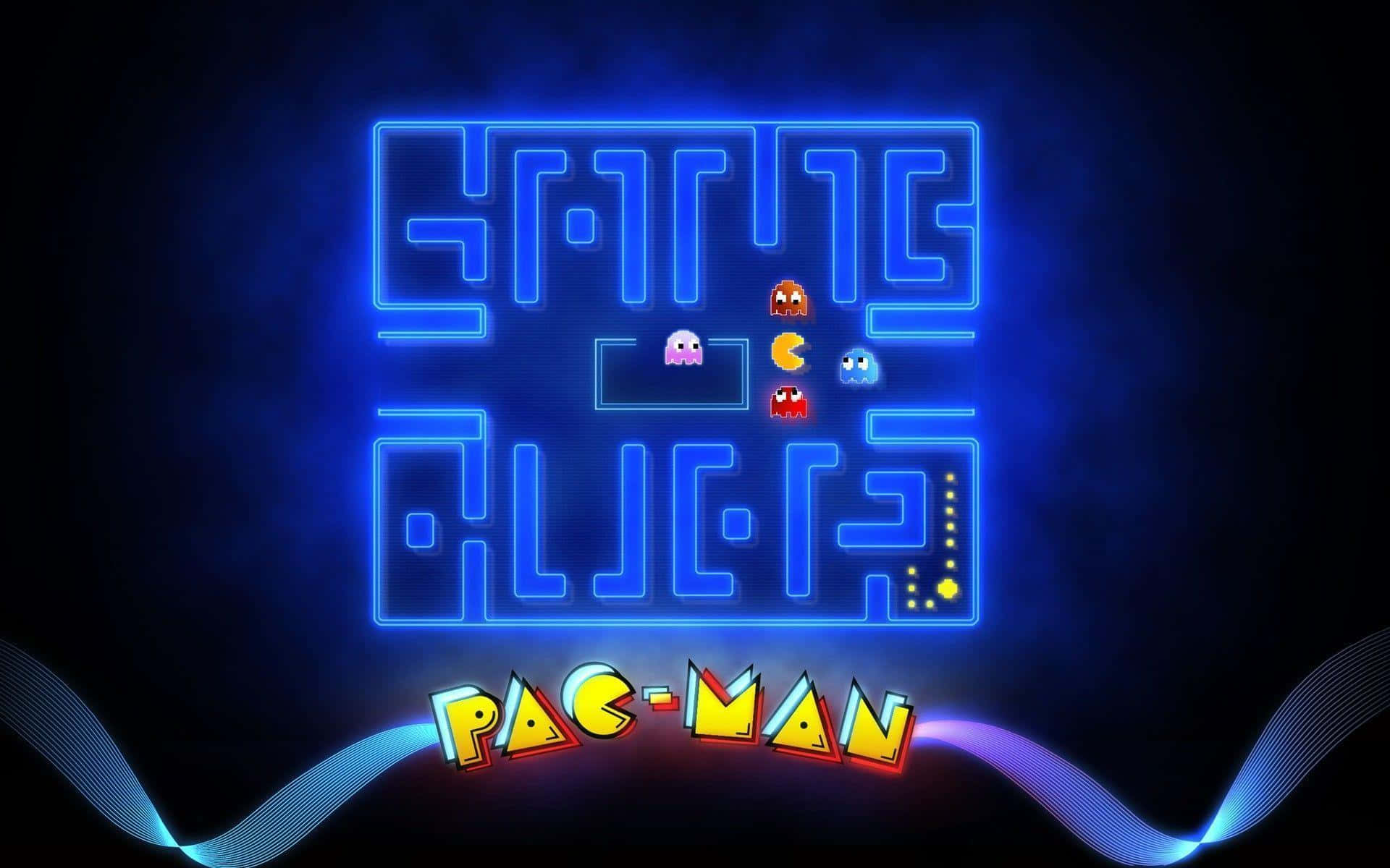 電玩遊戲 桌布 壁紙 — 霓虹藍色 Pac-Man 迷宮在深色背景上發光，經典角色和標題以充滿活力的復古風格呈現。
