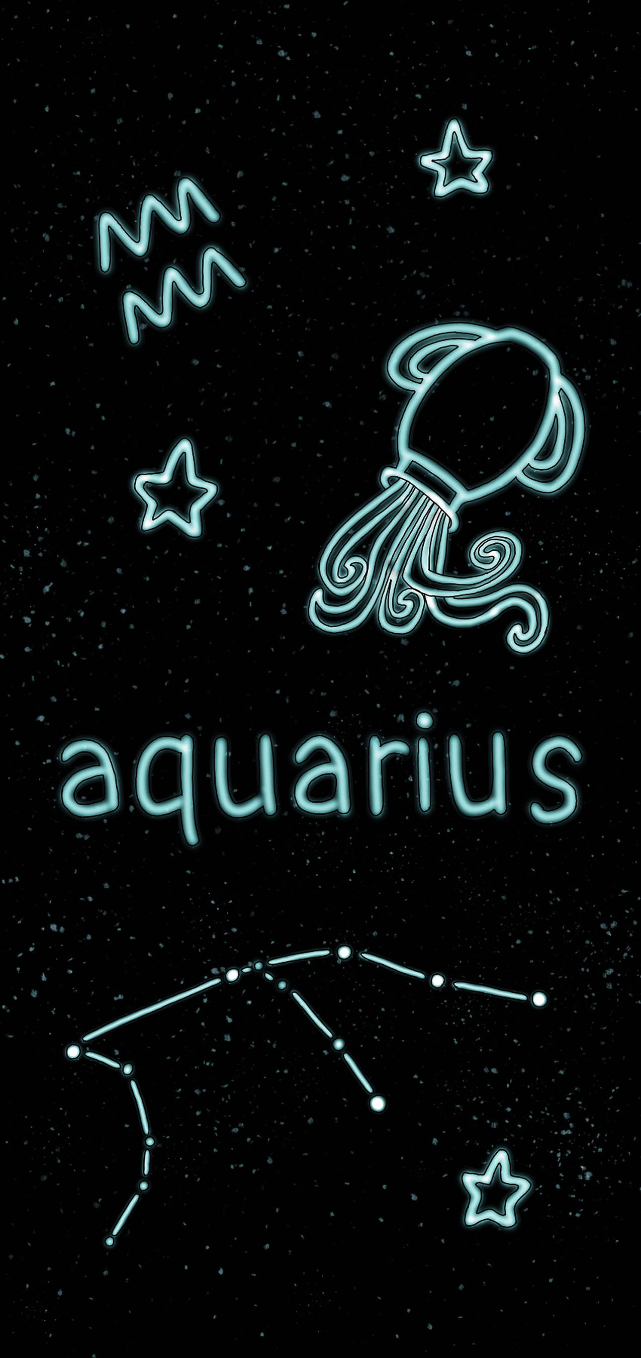 aquarius 桌布 壁紙 — 霓虹藍色的水瓶座星座和符號在繁星點點的黑色夜空中發光，下方有aquarius字樣。