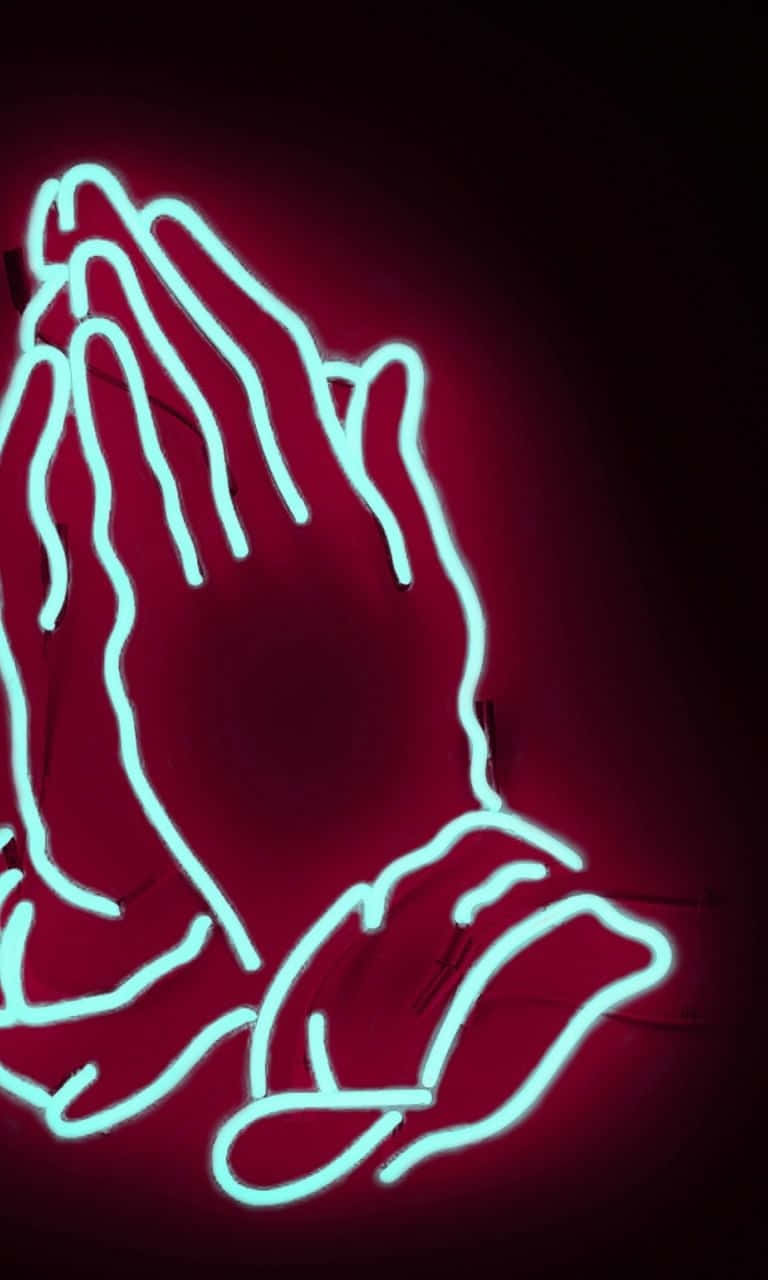 Praying Hands 桌布 壁紙 — 霓虹藍色祈禱之手在深紅色背景上發光。