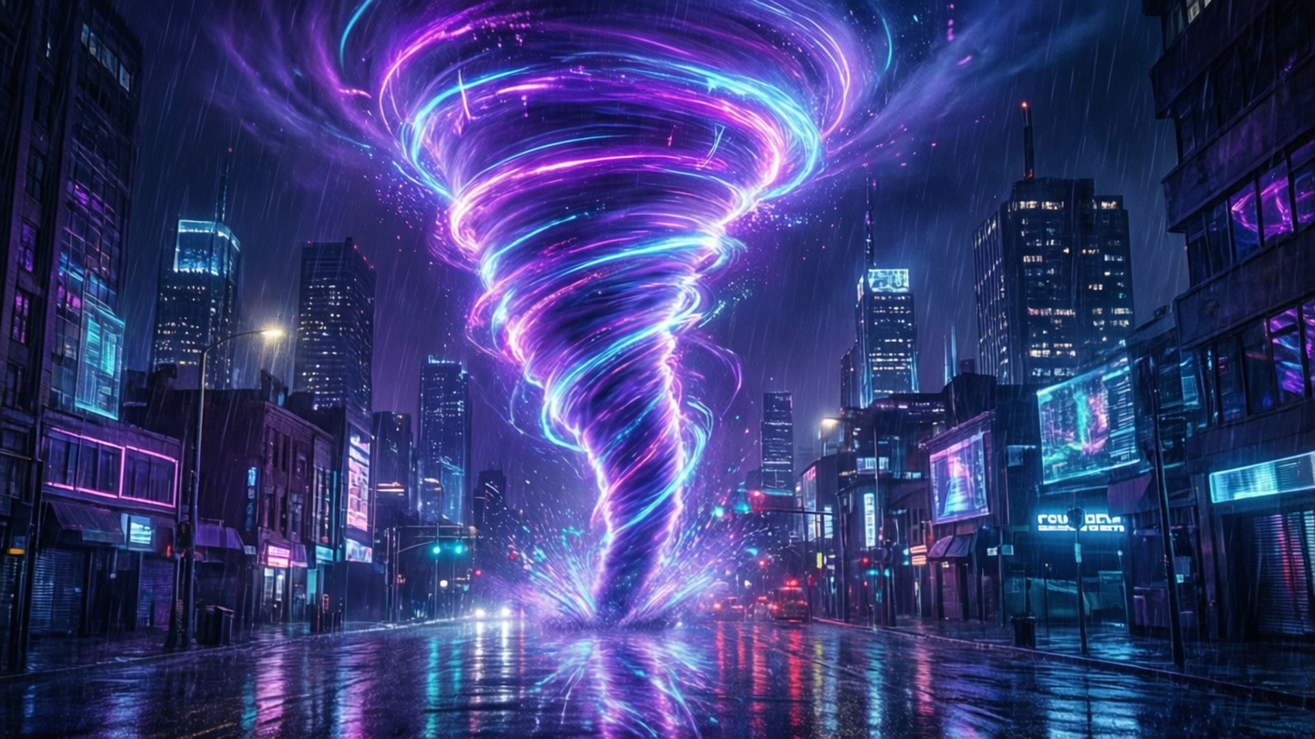 霓虹賽博龐克龍捲風 壁紙 — 發光的霓虹龍捲風在夜晚盤旋於濕漉漉的賽博龐克城市街道上，聳立的摩天大樓和發光的廣告牌。