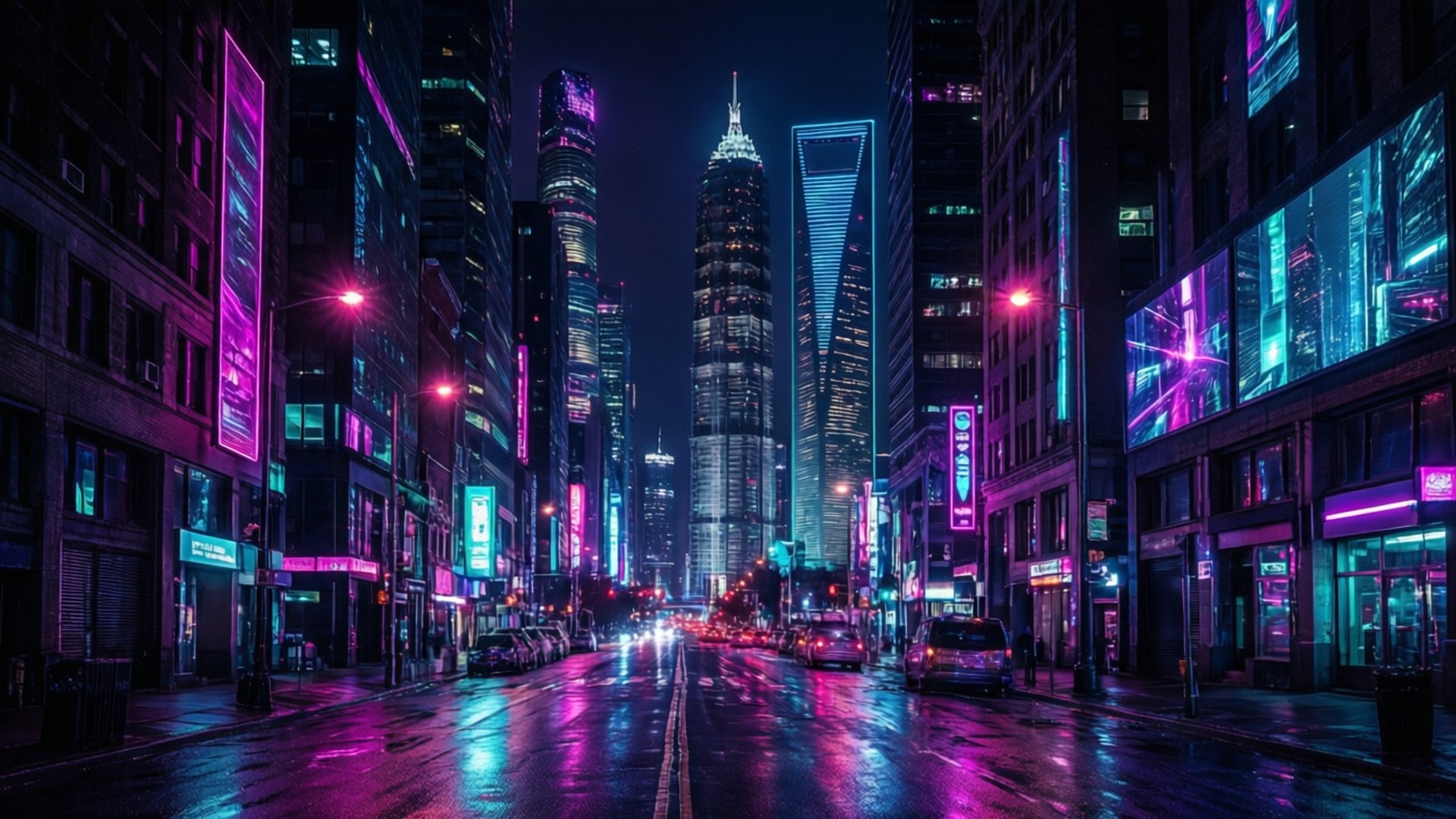 霓虹赛博朋克OLED 壁紙 — 雨濕的霓虹燈照亮夜晚城市街道，高聳的摩天大樓反射出鮮豔的紫色和藍色燈光。