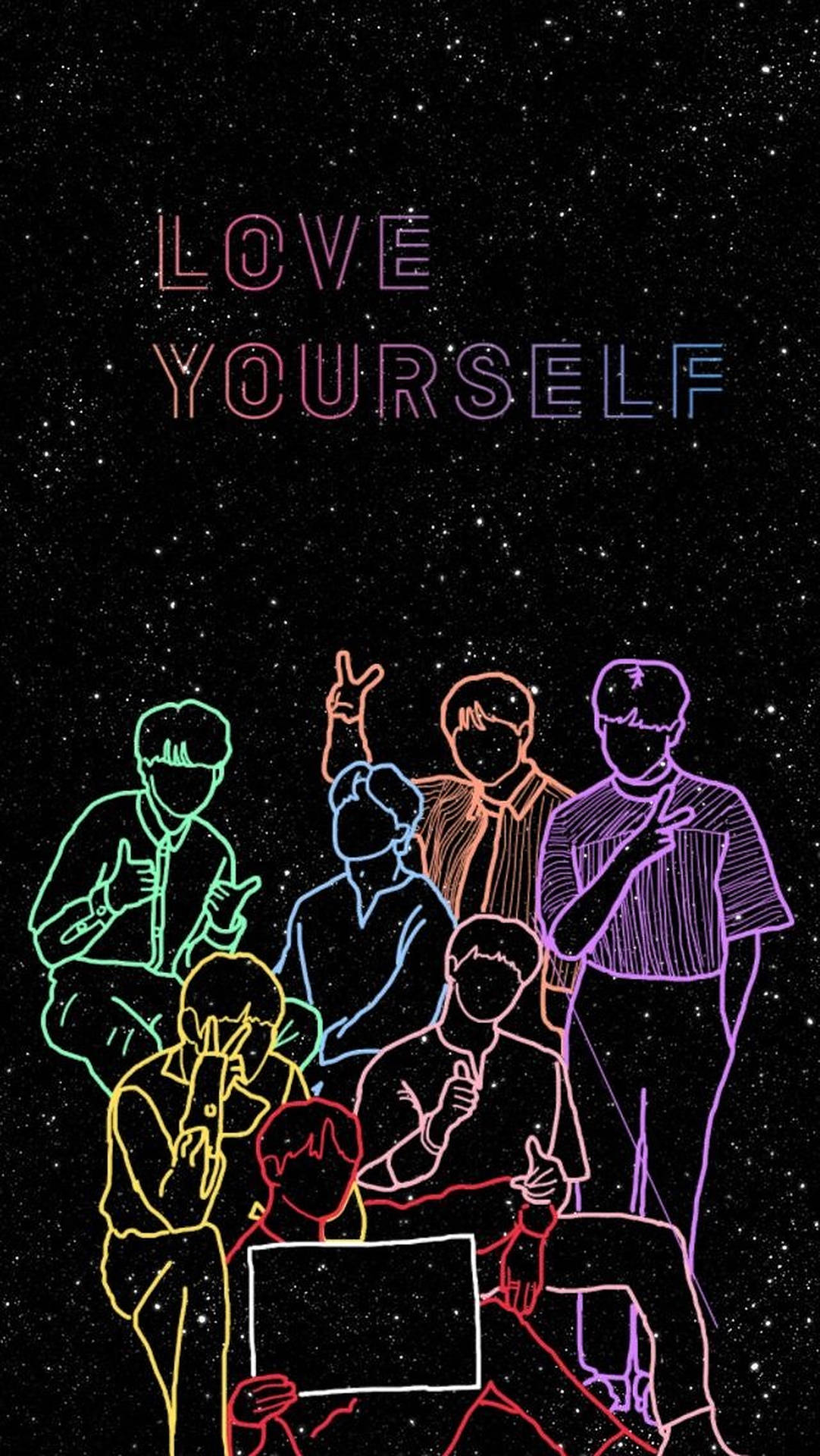 BTS ARMY 桌布 壁紙 — 霓虹輪廓的人物在星空下愉快地擺姿勢，上方有發光的「LOVE YOURSELF」文字。