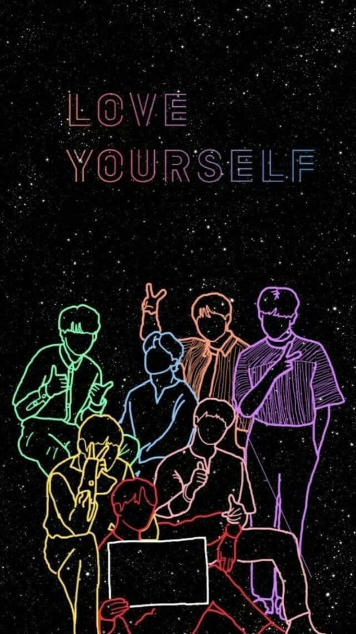 BTS 美學 桌布 壁紙 — 霓虹輪廓的人物在閃爍的「LOVE YOURSELF」文字下，於繁星點點的夜空前愉快地擺姿勢。