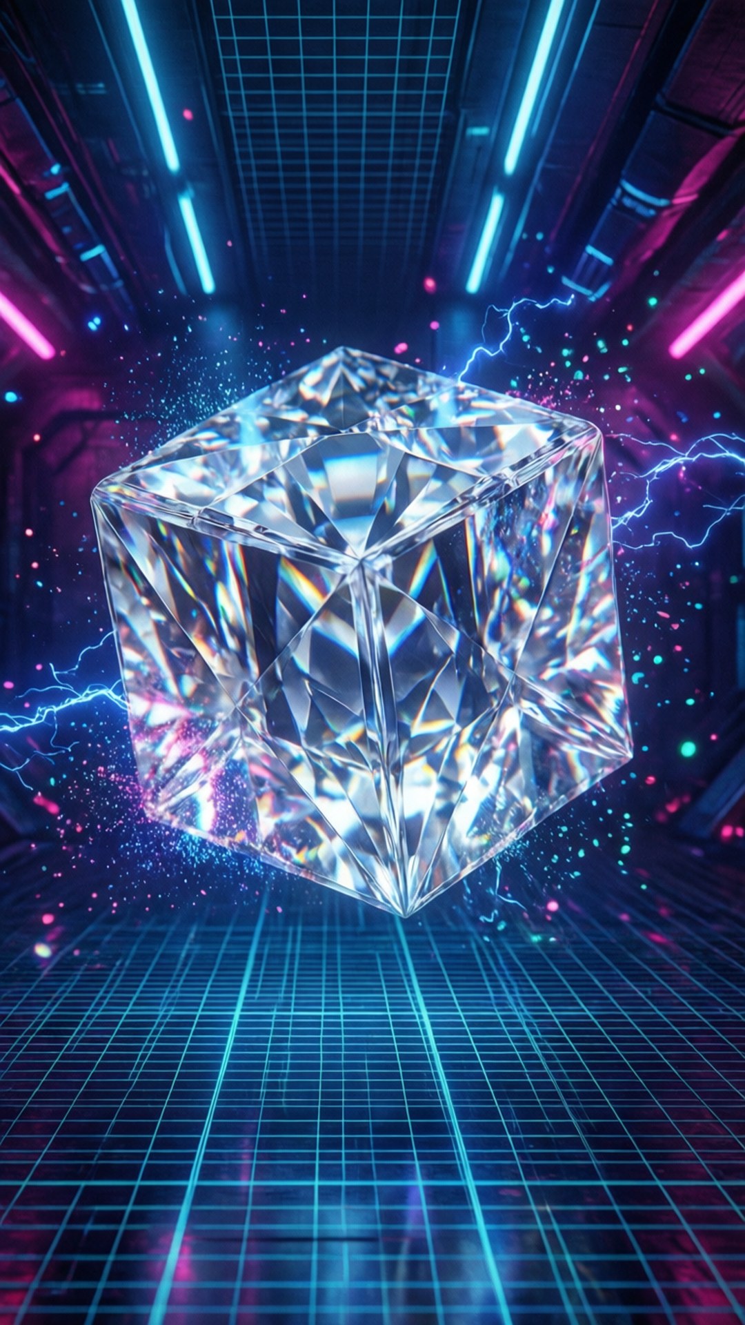 發光的水晶立方體在霓虹 cyberpunk 走廊中漂浮，伴有電火花。
