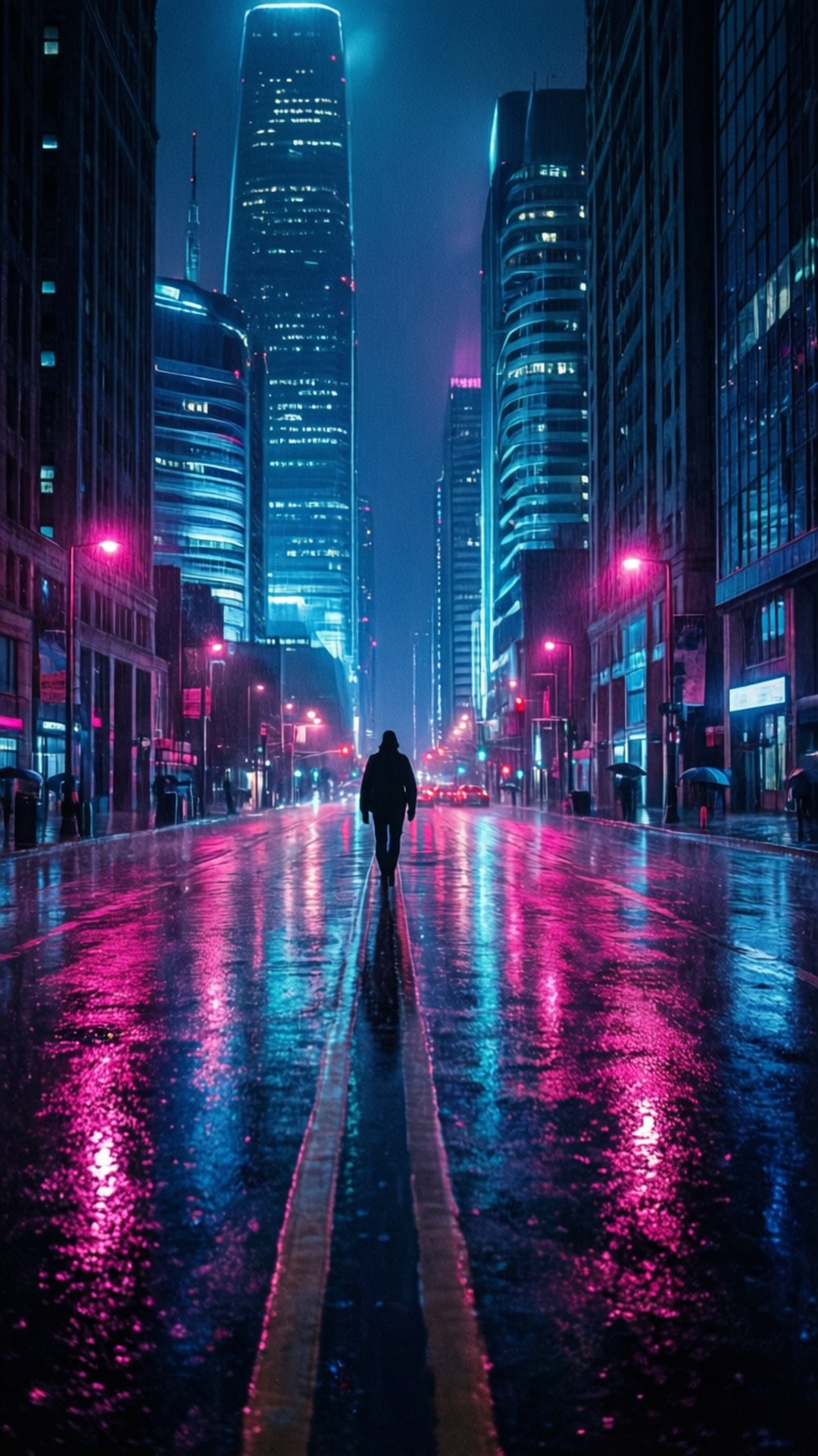 霓虹雨夜 壁紙 — 一個孤獨的身影在夜晚走在一條被霓虹燈浸透、雨水淋濕的城市街道上，高聳的摩天大樓反射出鮮豔的粉紅色和藍色燈光。