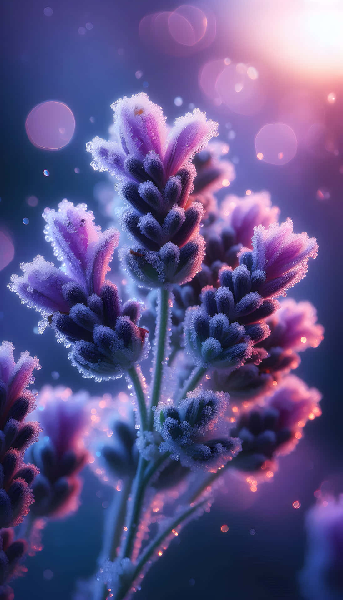 A Closeup of the Winter Bloom of Lavender 壁紙 — 霜輕輕覆蓋在鮮豔的紫色薰衣草花朵上，背景是柔和粉紅和藍色燈光的夢幻散景。