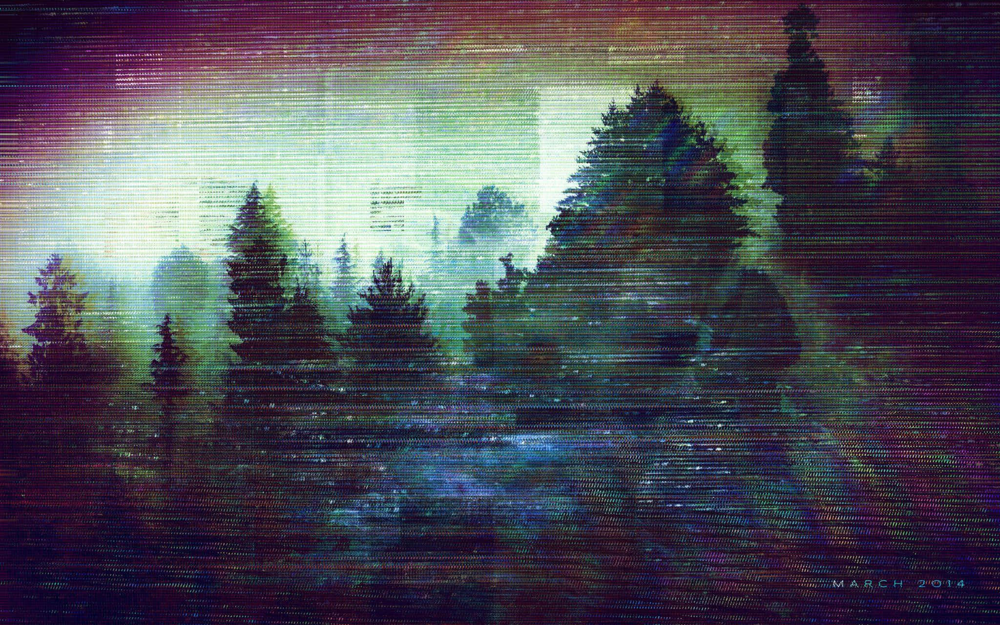 Glitch Effect 桌布 壁紙 — 霧氣森林剪影，在帶有鮮豔數位扭曲的故障極光天空下。
