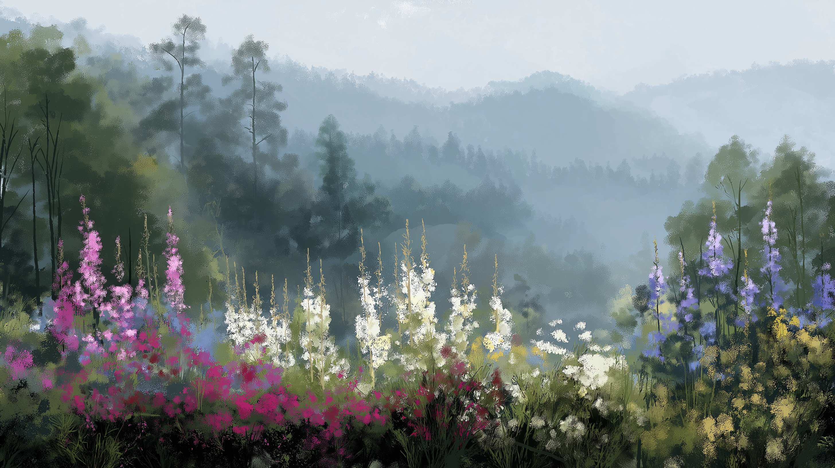 Flowers 桌布 壁紙 — 霧氣瀰漫的山景，前景有高大的紫色、白色和粉紅色野花。