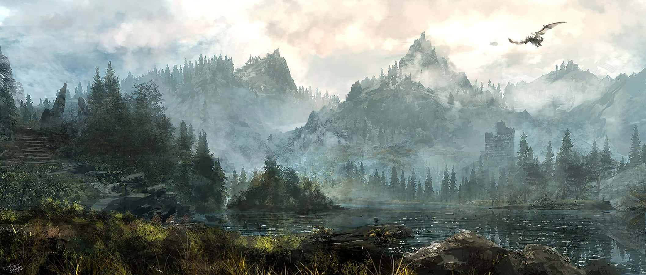 Skyrim Landscapes 桌布 壁紙 — 霧氣瀰漫的山湖映照著高聳的山峰和古樹，一條巨龍在遠方城堡上空翱翔。