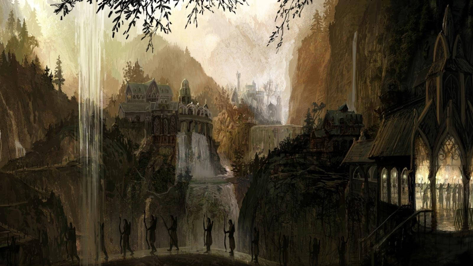 Lotr 桌布 壁紙 — 霧氣瀰漫的山谷，瀑布層層疊疊，哥德式建築坐落於高聳的懸崖之間，天空朦朧。