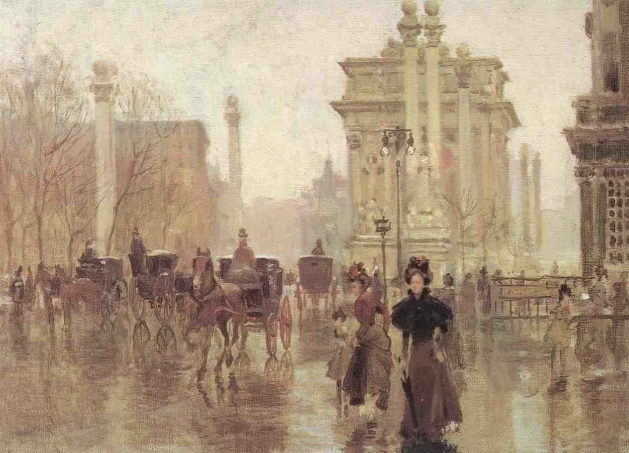 Classic Art 桌布 壁紙 — 霧氣瀰漫的巴黎街景，馬車和衣著優雅的行人倒映在濕漉漉的鵝卵石上。