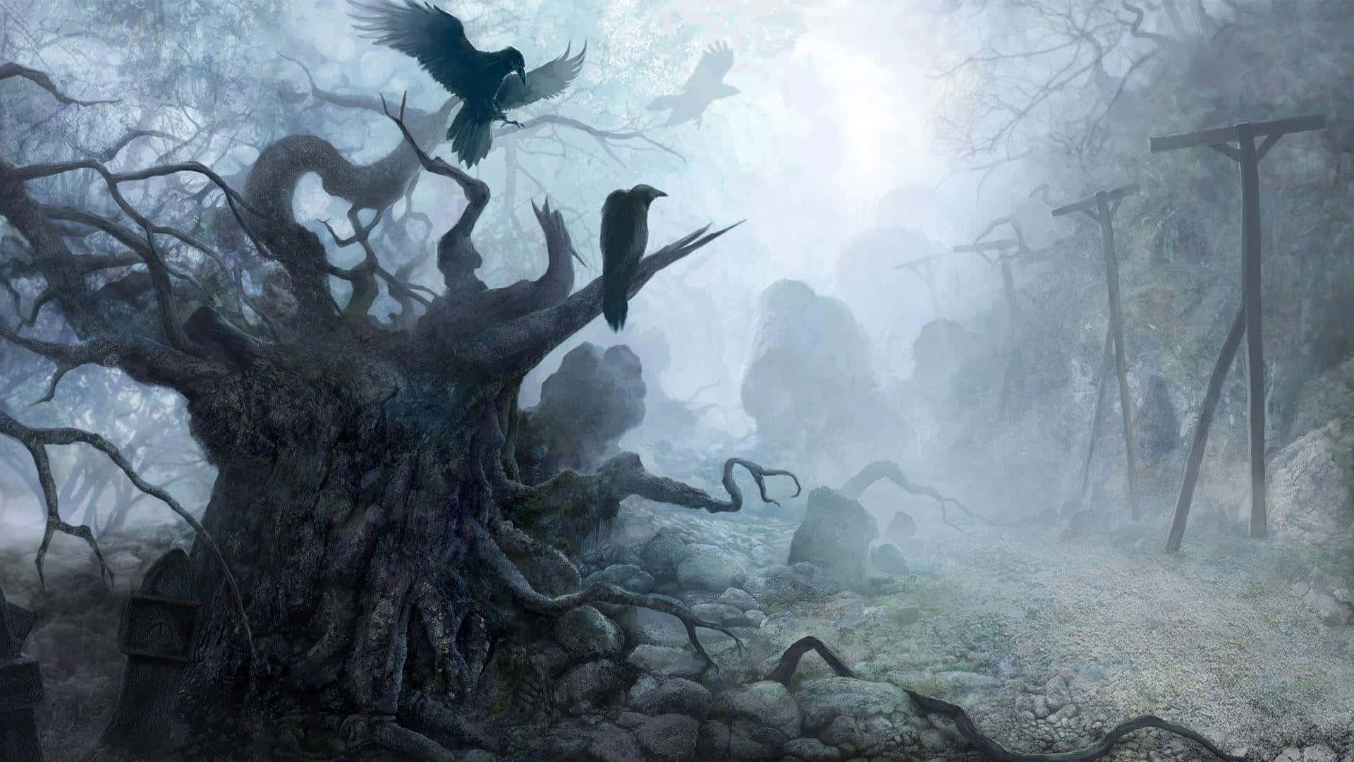 3d Fantasy 桌布 壁紙 — 霧氣瀰漫的森林，蒼白天空下，扭曲的樹枝上棲息著烏鴉，還有一棵多節的古樹。