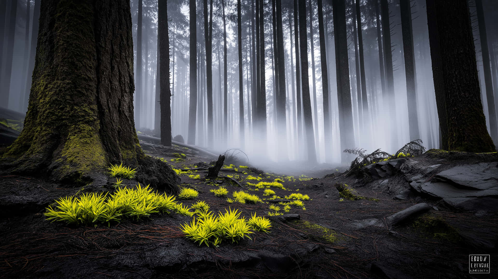 Misty Forest Floor with Vibrant Green Foliage 壁紙 — 霧氣瀰漫的森林地面，佈滿發光的黃色植物，夾雜在長滿苔蘚的樹幹和霧氣中。