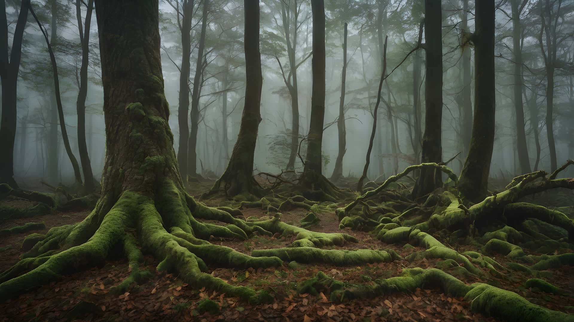 Primordial Forest Floor 壁紙 — 霧氣瀰漫的森林地面，有長滿苔蘚的樹根和高挑纖細的樹木逐漸消失在霧中。