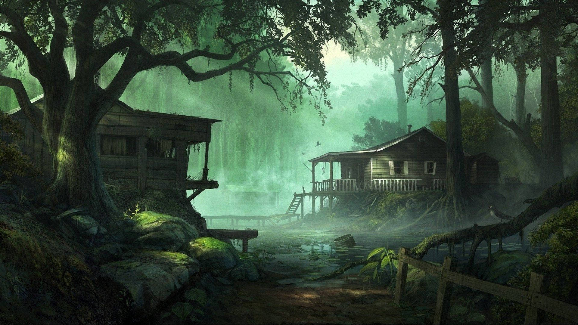 Green Anime Aesthetic 桌布 壁紙 — 霧氣瀰漫的沼澤，兩間風化的木屋隱藏在巨大的苔蘚樹木和發光的綠色水中。
