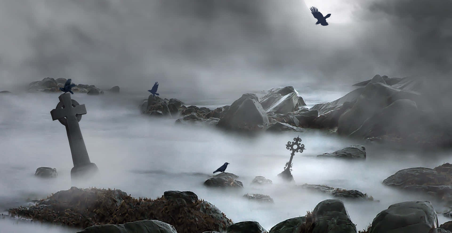 Mystical 桌布 壁紙 — 霧氣瀰漫的海岸墓地，凱爾特十字架和烏鴉在風暴般的灰色天空下飛翔。