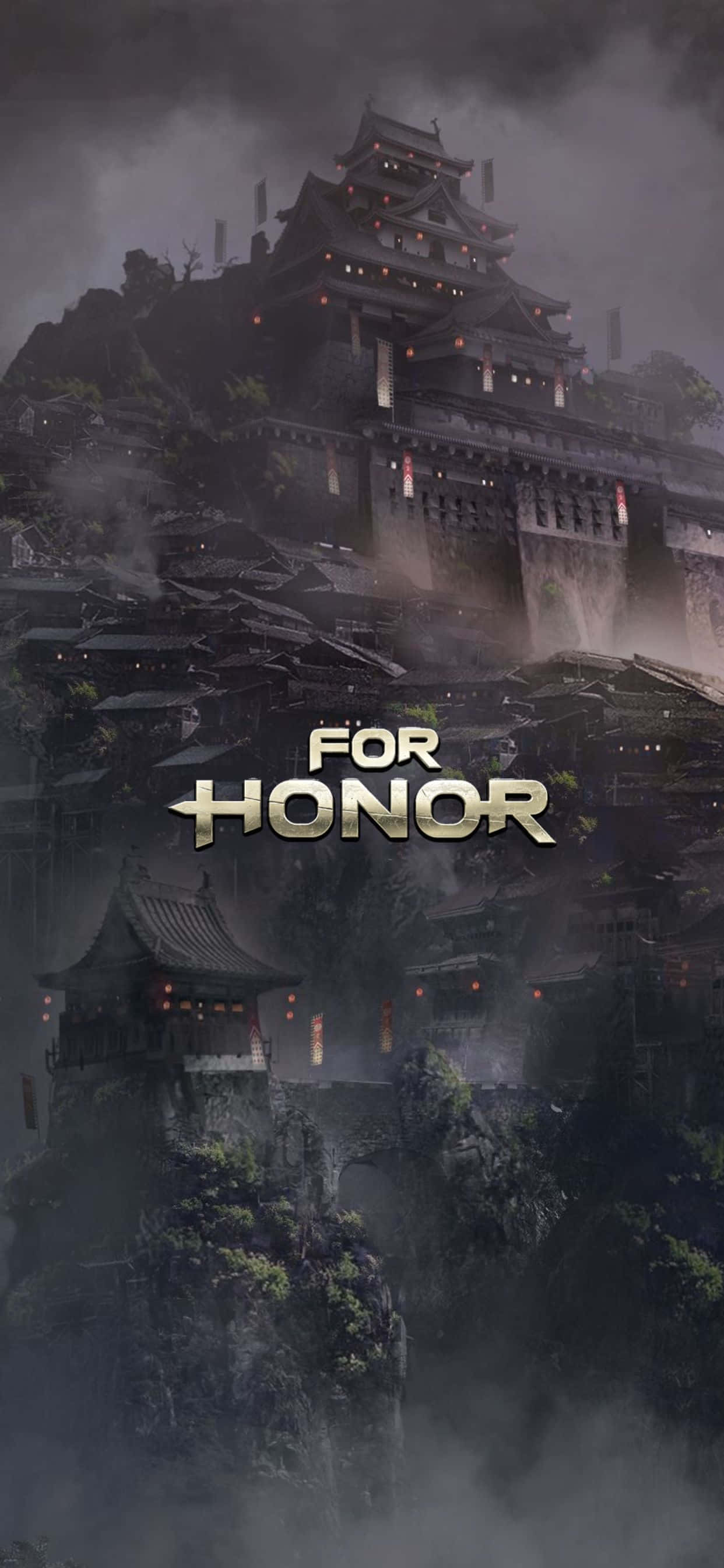 iPhone Xs Max For Honor 桌布 壁紙 — 霧氣籠罩的山中堡壘，在暴風雨的天空下閃爍著燈籠， featuring 'For Honor' 標題。