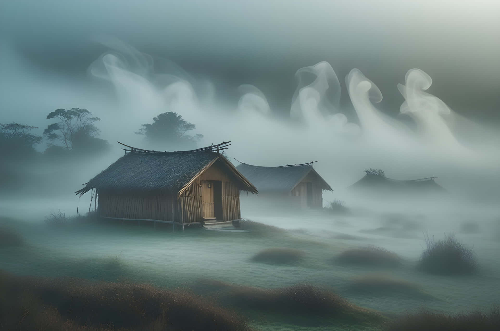 Misty weather and a little hut 壁紙 — 霧氣籠罩的早晨包裹著茅草屋頂的質樸木屋，鬼魅般的白色薄紗在霧景上方飄蕩。