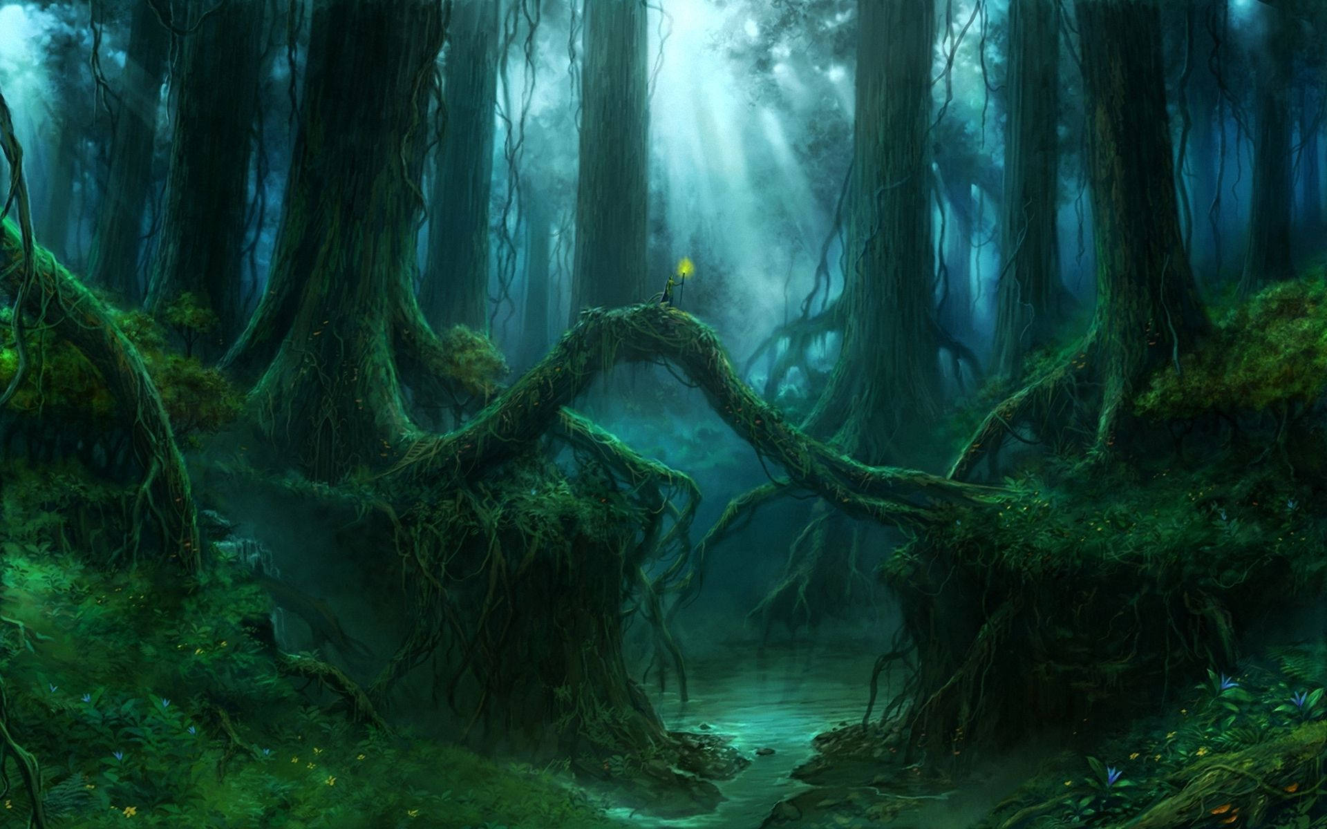 在霧氣繚繞的魔法森林中，一盞發光的燈籠掛在長滿苔蘚的根橋上。 — 黑暗森林 壁紙