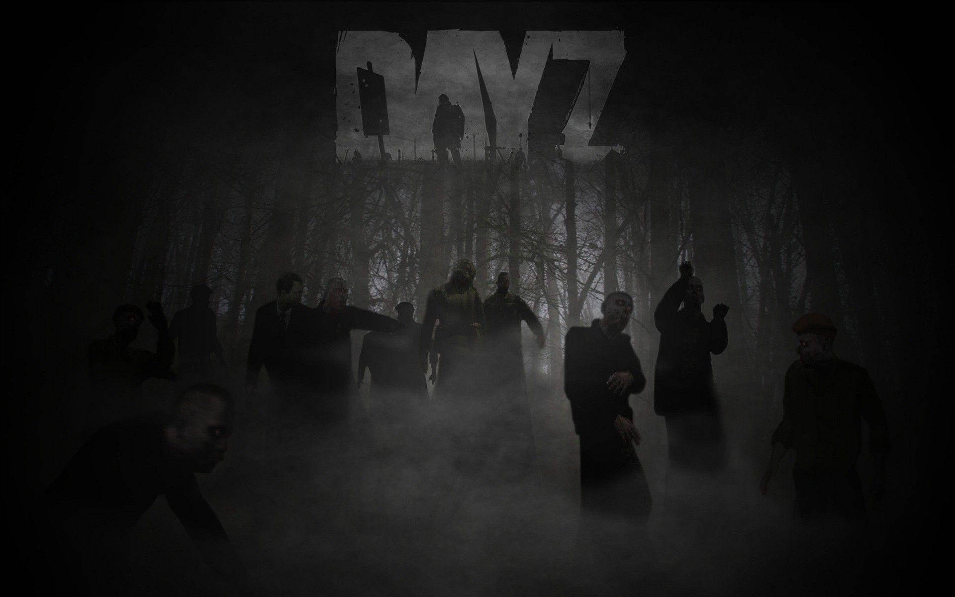 Dayz Desktop 桌布 壁紙 — 霧氣籠罩的森林中，剪影人物在迫近的「DAYZ」標誌下，營造出緊張的生存恐怖氛圍。