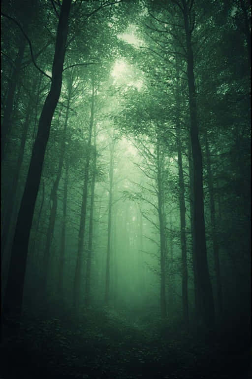 Misty Green Forest with Dark Shadows 壁紙 — 霧氣籠罩的森林沐浴在透過茂密樹冠和高挑細長樹木過濾的虛幻綠光中。