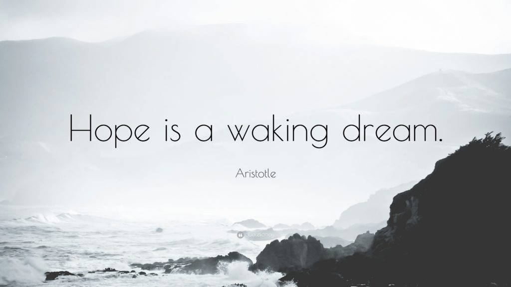 Motivational Quotes 桌布 壁紙 — 霧氣籠罩的海岸懸崖在灰色天空下與翻騰的海浪相遇，並附有亞里斯多德的引言希望是清醒的夢。