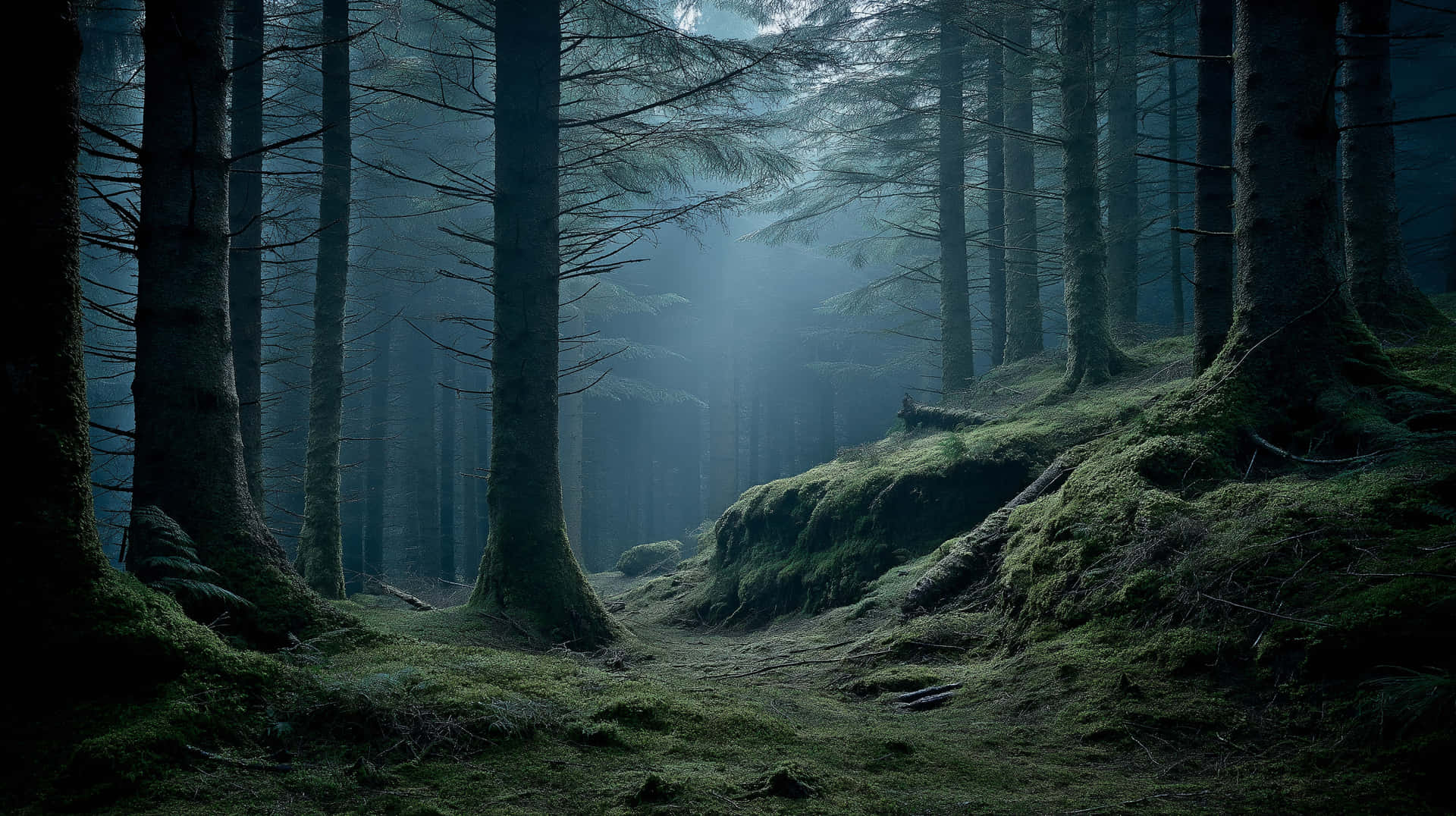 Moody Forest Path 壁紙 — 霧氣籠罩的黎明光線穿過高聳的松樹，照進長滿苔蘚的森林幽谷。