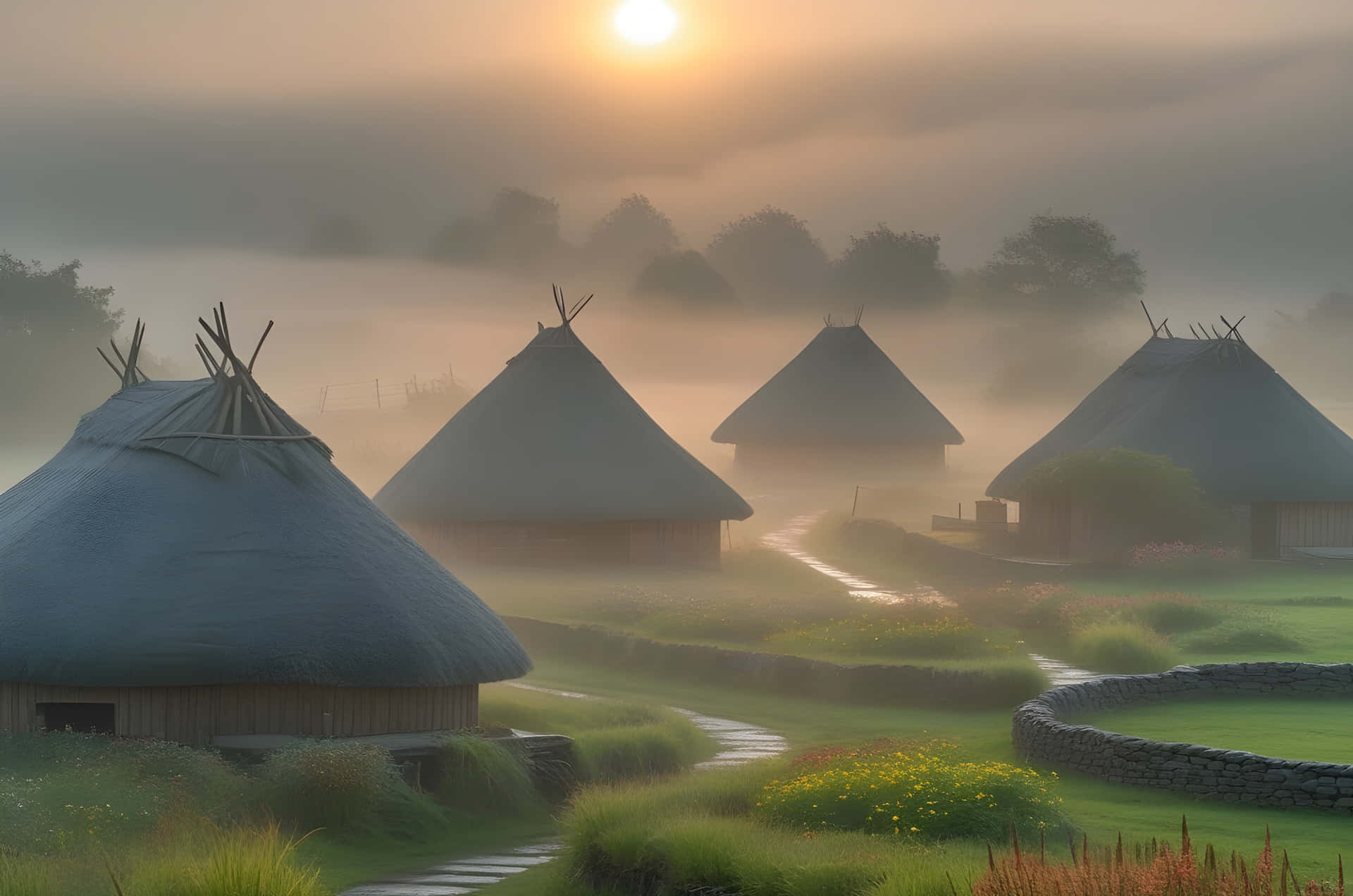 sunrise in the village 壁紙 — 霧氣籠罩的黎明光芒照耀著一排茅草圓錐形小屋，坐落在綠色山谷中，石徑蜿蜒穿過野花。