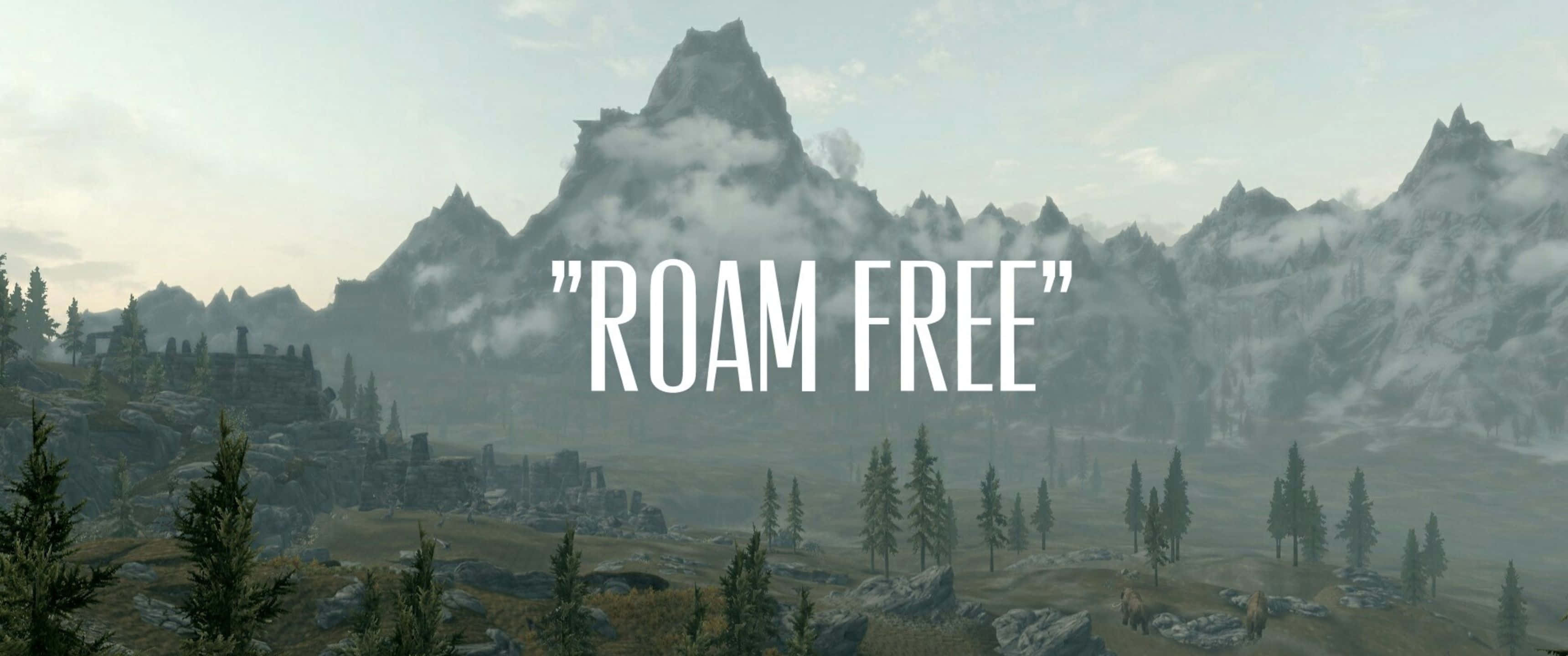 3440x1440p The Elder Scrolls V Skyrim 桌布 壁紙 — 霧氣繚繞的山峰聳立於森林覆蓋的山谷之上，山谷中有廢墟和文字 roam free。
