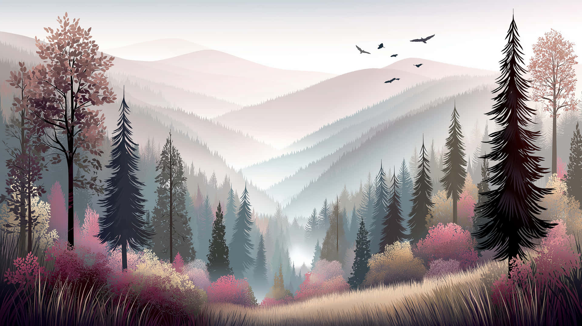 Misty Mountain Forest Landscape with Vibrant Foliage 壁紙 — 霧氣繚繞的山巒在常綠樹和秋樹林後方升起，鳥兒在頭頂飛翔。