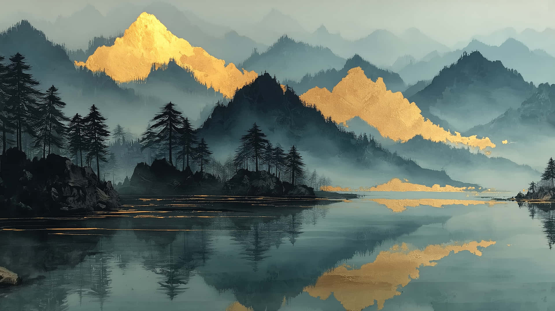 Golden Light on Serene Mountains Reflected in Calm Lake 壁紙 — 霧氣繚繞的山巒與金色山峰倒映在平靜的水面上，四周環繞著深色松樹。