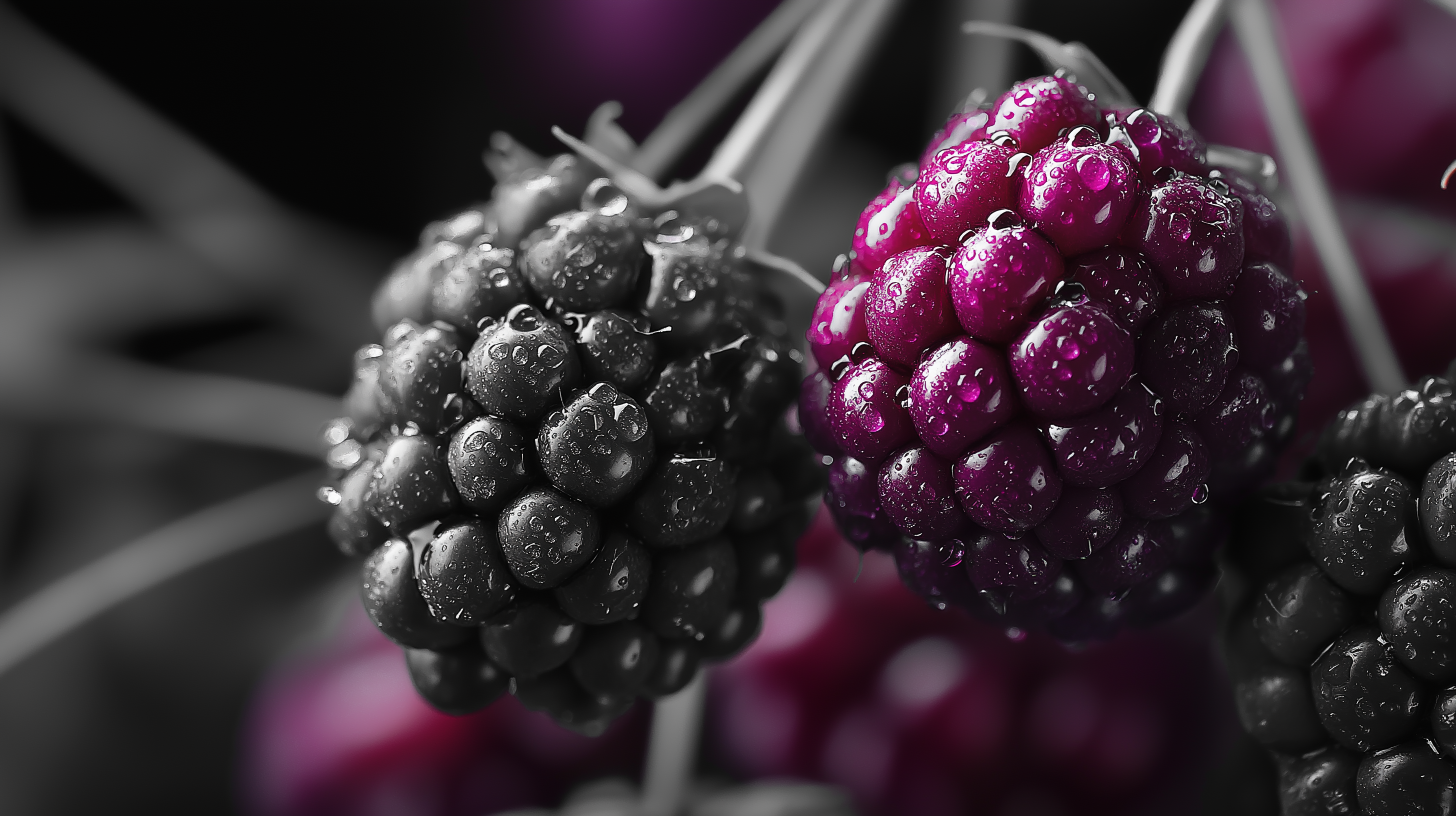 Berry 桌布 壁紙 — 露珠黑莓的特寫，一顆充滿活力的紫色莓果與單色背景形成對比。