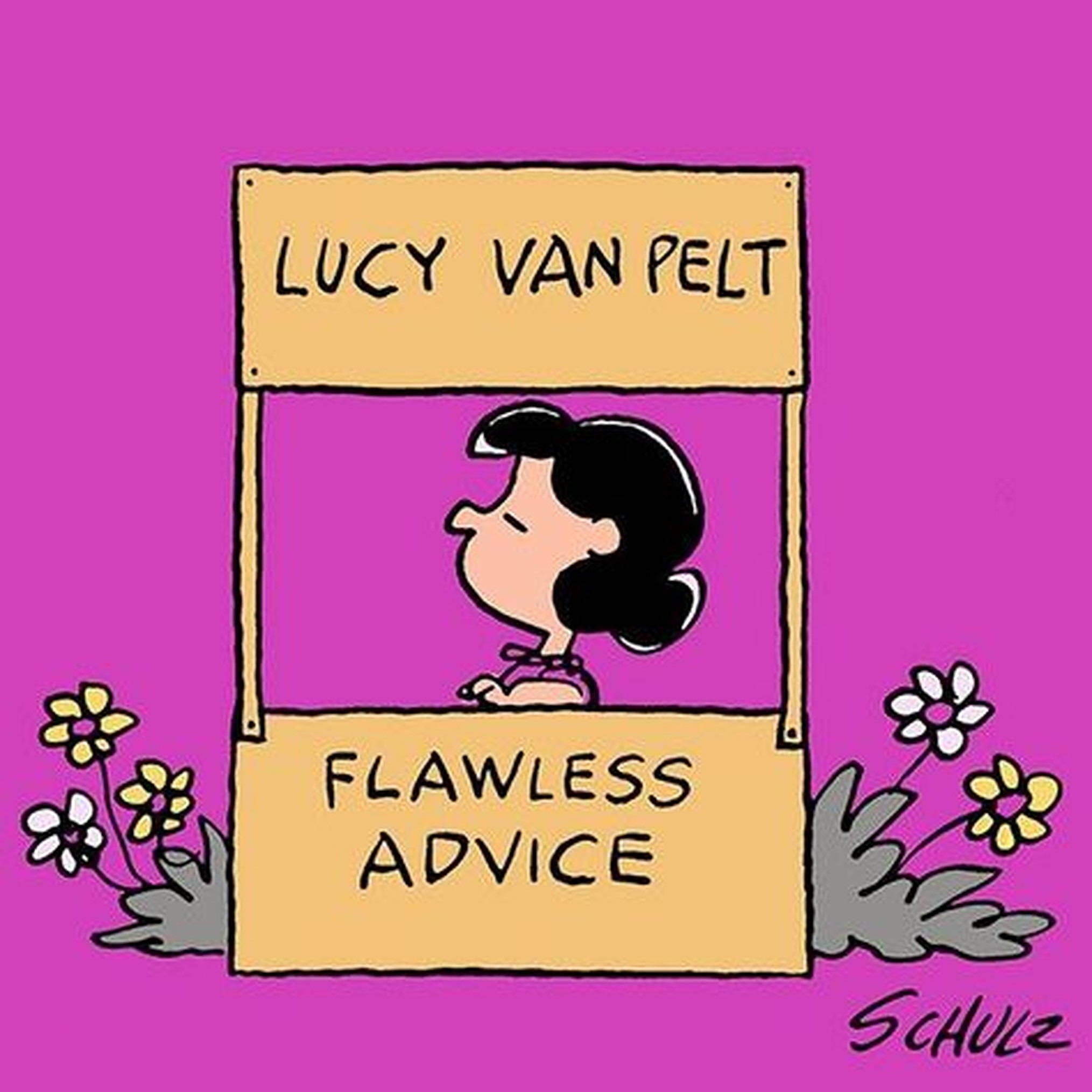 lucy 桌布 壁紙 — 露西·范佩爾特在一個充滿活力的卡通場景中，從一個被鮮花環繞的粉紅色攤位提供完美無瑕的建議。