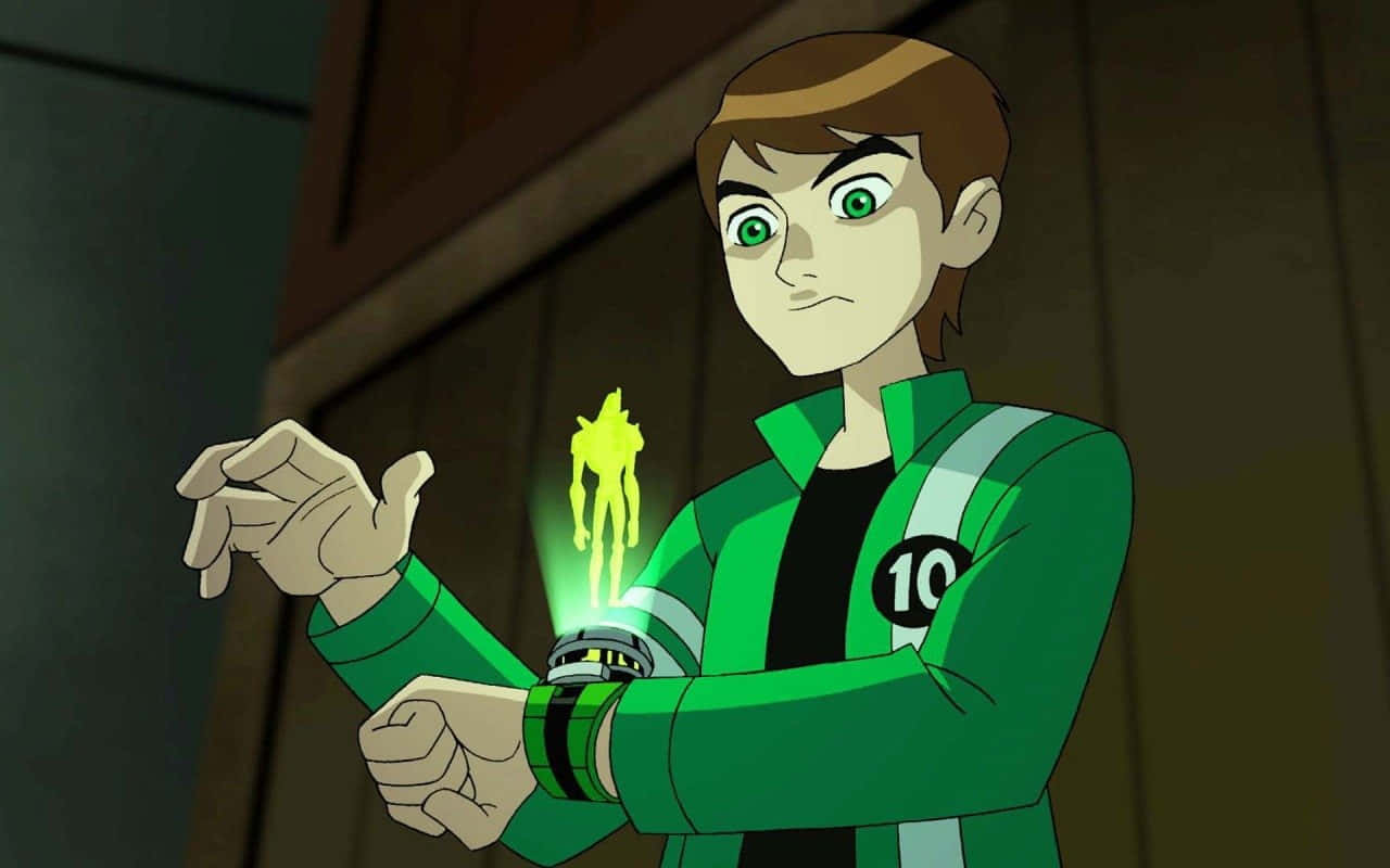 Ben 10 桌布 壁紙 — 青少年英雄在昏暗的木牆房間中啟動手腕上發光的外星裝置。