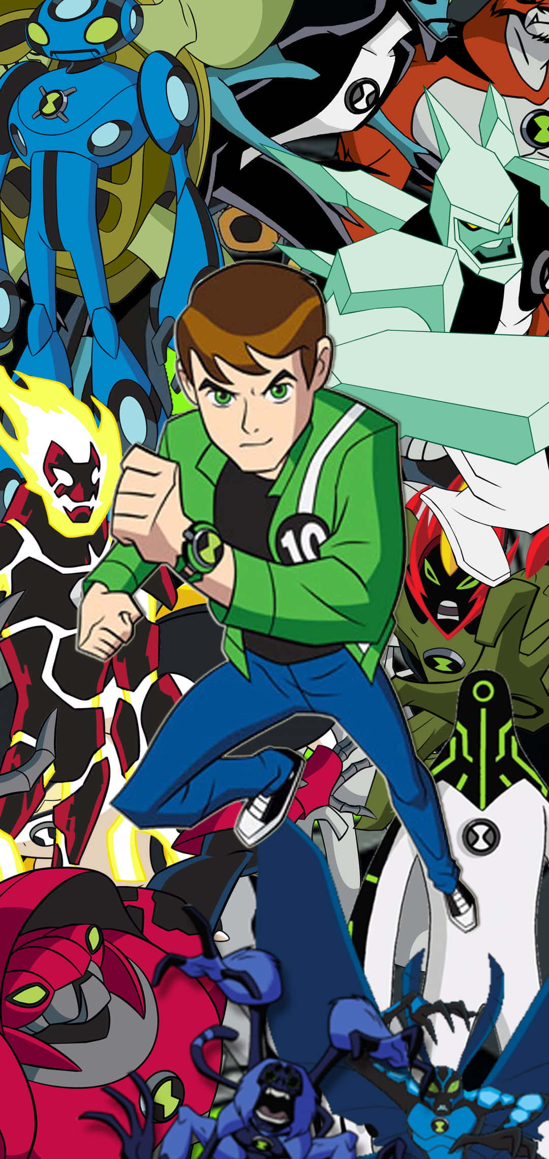 Ben 10 桌布 壁紙 — 青少年超級英雄 Ben Tennyson 身穿綠色外套，被色彩繽紛的外星人變身形態包圍，擺出動感十足的動作姿勢。