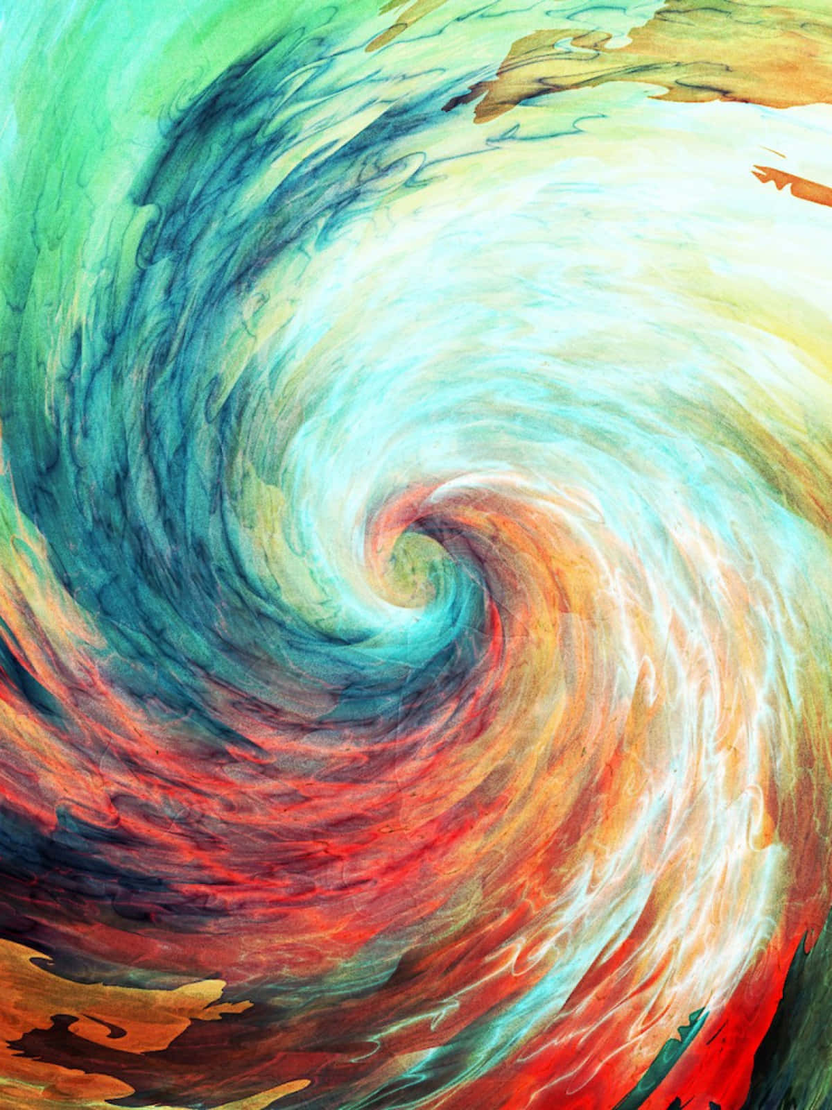 Spiral 桌布 壁紙 — 青綠、紅色和金色水彩顏料形成的鮮豔漩渦，創造出動態的抽象運動。