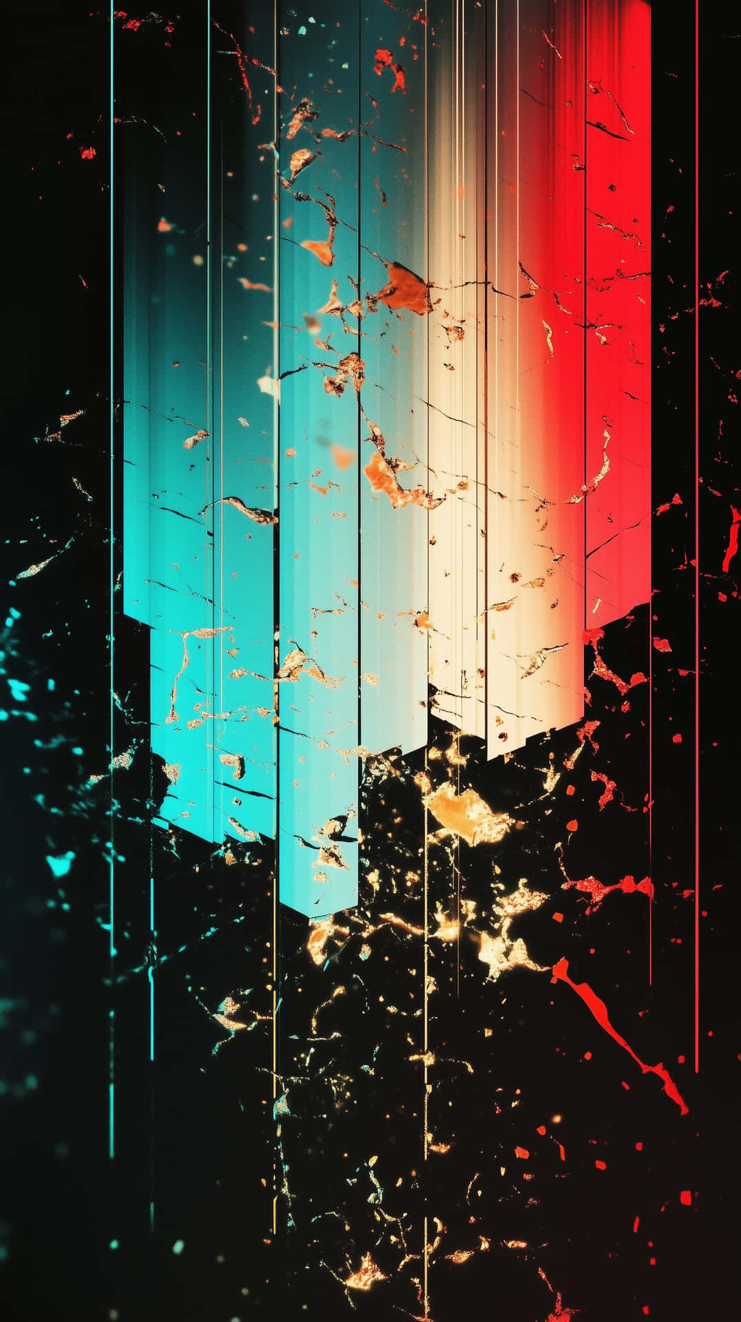 Abstract Composition with Glitched Vertical Error Gradient Lines 壁紙 — 青綠色、紅色和金色的垂直條紋穿過帶有飛濺紋理和發光裂縫的黑暗背景。